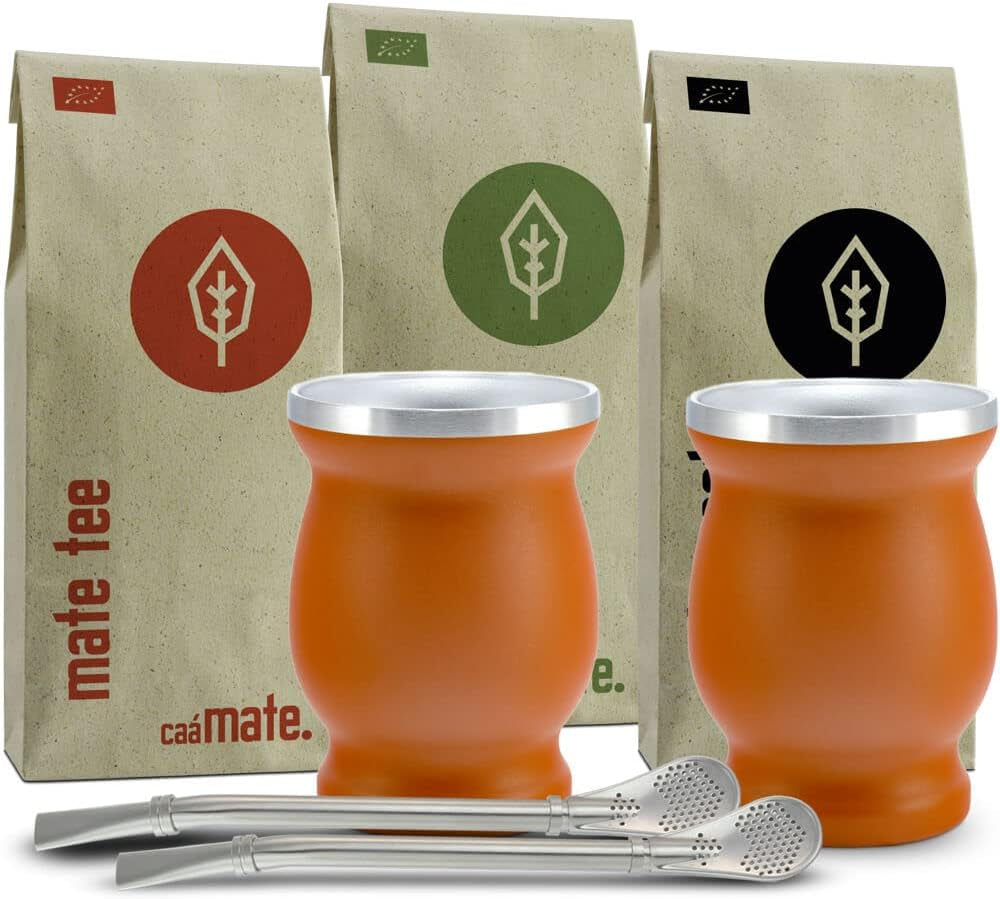 Set ceai Mate Bio ● 3 sortimente de Mate + 2 căni Mate din oțel inoxidabil cu pereți dubli + 2 bombillas + instrucțiuni de preparare (negru)