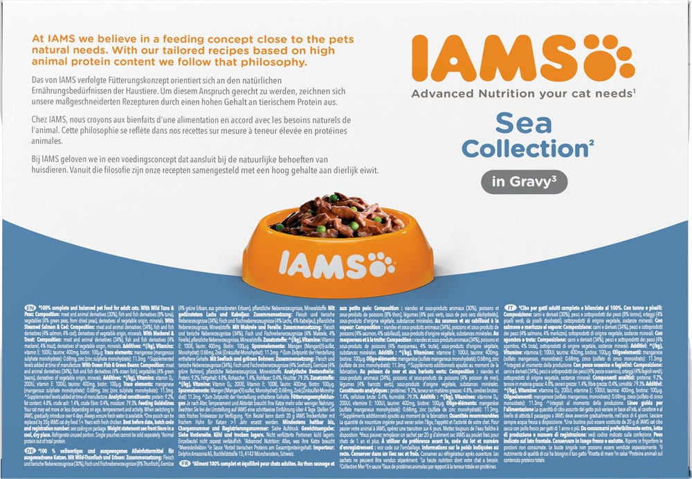 IAMS Delights Sea Collection Katzenfutter Nass - Multipack mit Fisch Sorten (Lachs, Thunfisch, Maquereau, Seefisch) en Sauce, Nassfutter für Katzen à partir de 1 janvier, 12 x 85g