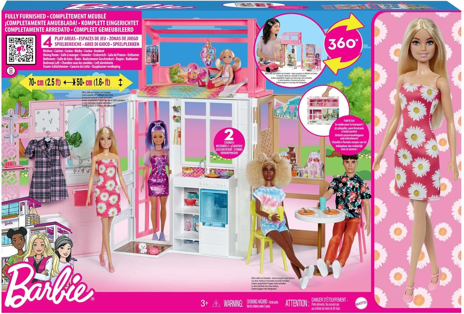 Casă de păpuși Barbie (70.6 X 51.4 Cm) cu 4 zone de joacă, accesorii și mobilier complet mobilate, rotativă 360°, pliabilă, păpușă, cadou pentru copii de la 3 ani, HHY40 Casute de papusi Naty Shop