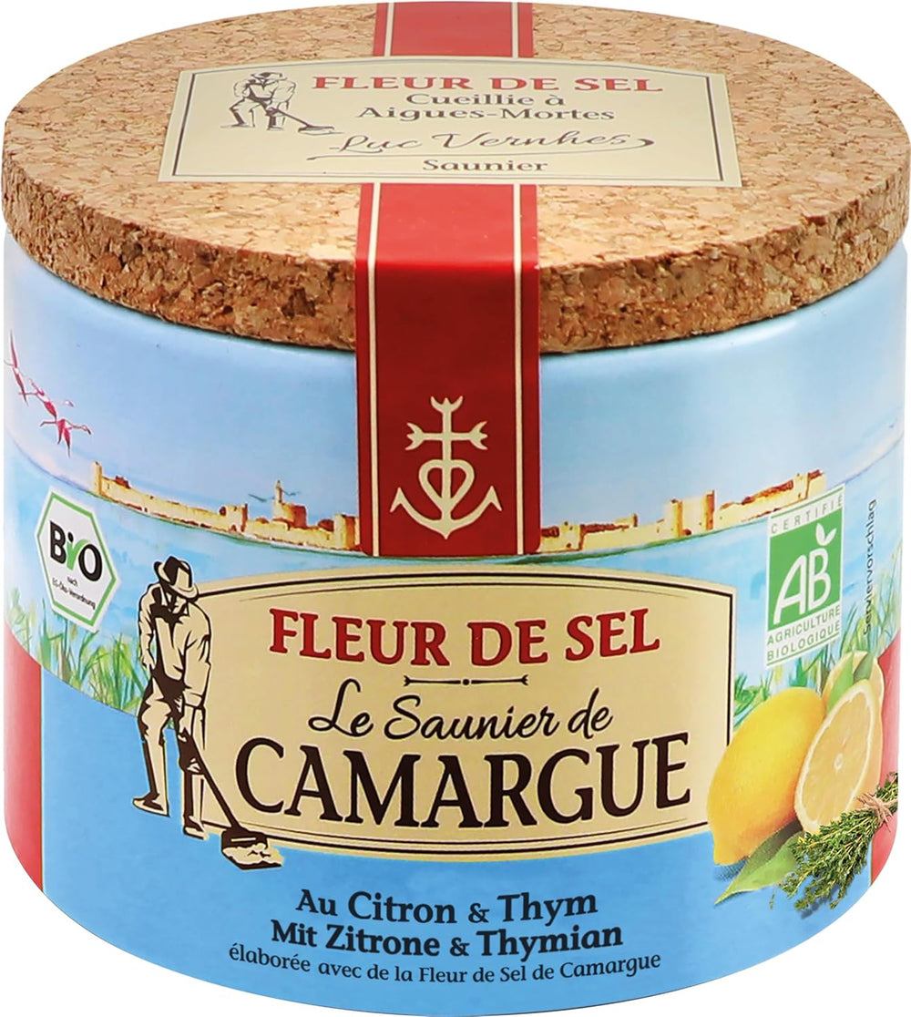Le Saunier de Camargue Fleur De Sel Citrone Thymian en dose de 125 g, Premium Meersalz aus Süd-Frankreich, Idéal comme Finition von Speisen und zum Verfeinern von Gerichten