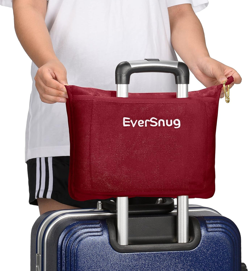 Couverture et oreiller de voyage Eversnug - Couverture d'avion douce 2 en 1 avec housse de coussin à poche douce, housse de sac à main et support de sac à dos (rouge bordeaux) Oreillers de voyage Naty Shop