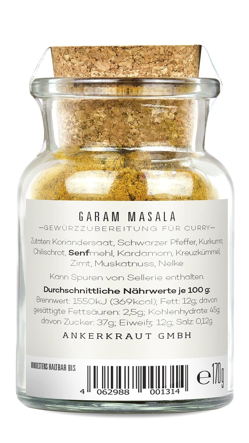 Ankerkraut Garam Masala, Gewürz für indisches Gericht, Leckeres Curry mit Fleisch würzen, Taste of India, 65 g dans un verre en liège