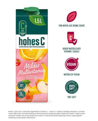 High C Mild Multivitamin (1 X 1,5L), 100% jus, pomme, orange, acérola, mangue, 7 vitamines, Sans sucre ajouté selon la loi, Moins d'acide, Boissons végétaliennes sans alcool Naty Shop