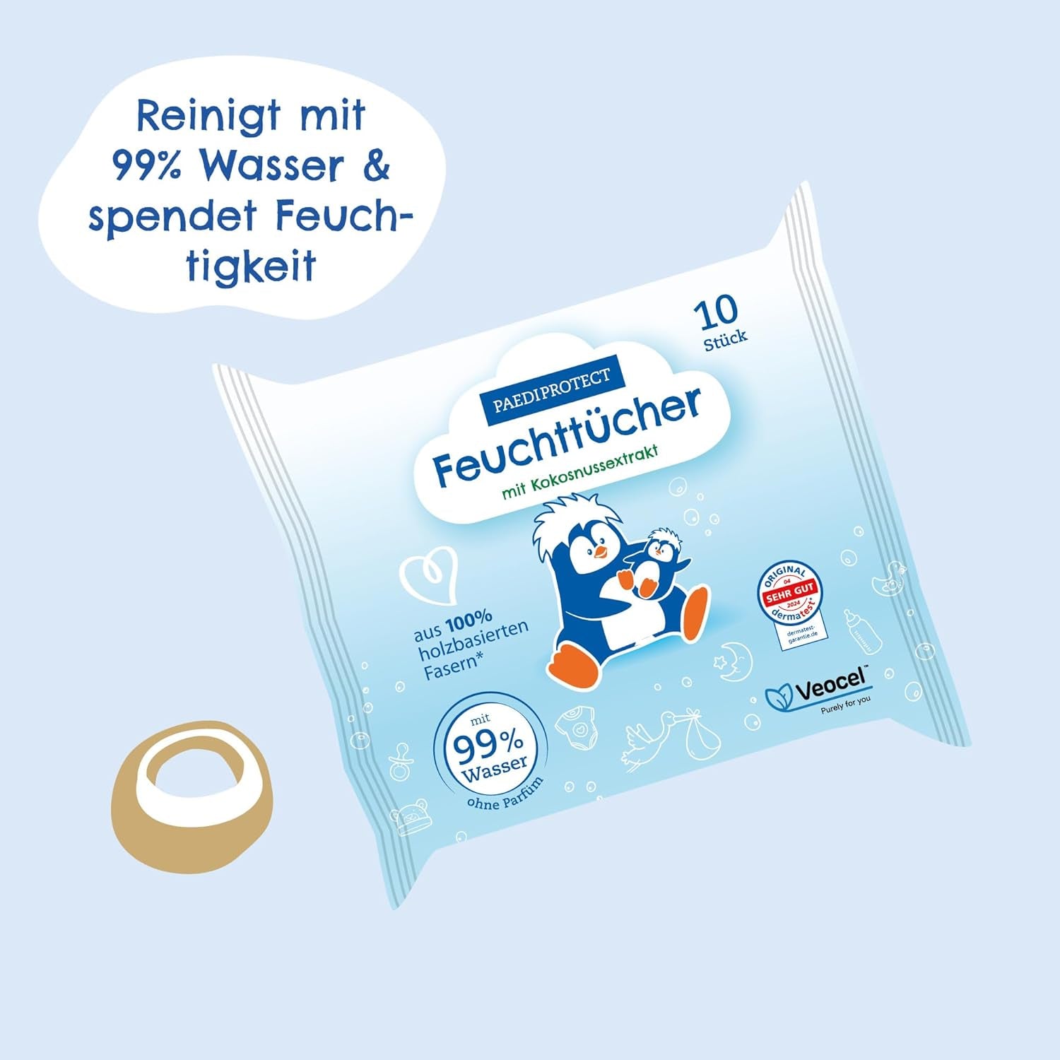 PAEDIPROTECT Lingettes humides pour bébé 1 x 10 pièces Lingettes humides à l'eau pour bébé sensible 99 % d'eau sans parfum Bébé et enfants Peau délicate Extrait de noix de coco Sans microplastique végétalien (paquet de 5)