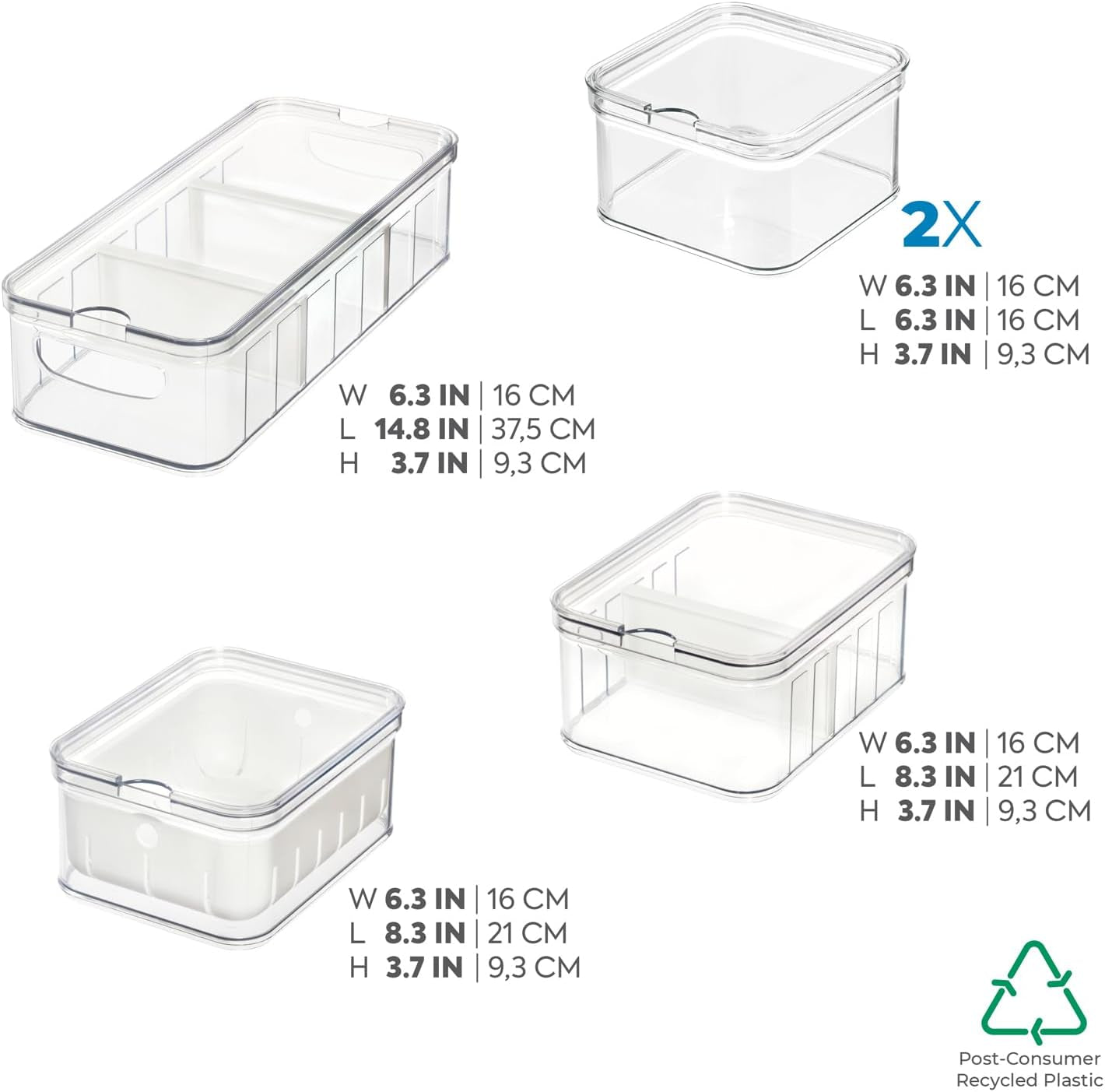 iDesign Lot de 5 boîtes de rangement pour réfrigérateur avec couvercles, boîtes de conservation en plastique recyclé pour organiser les consommables, boîtes de conservation transparentes et blanches Naty Shop