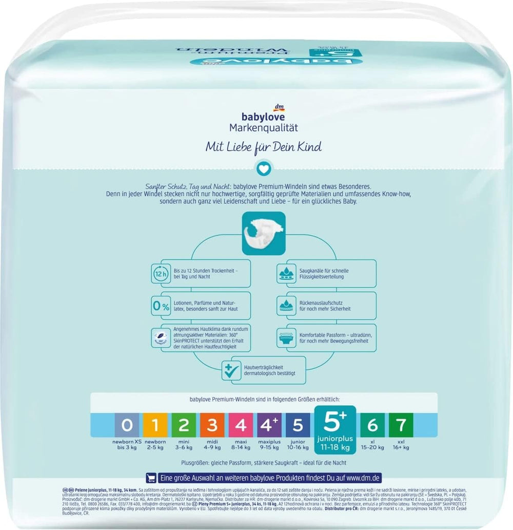 Couches Premium Active Plus taille 5+, Junior Plus 13-27 kg, 1 x 34 pcs.