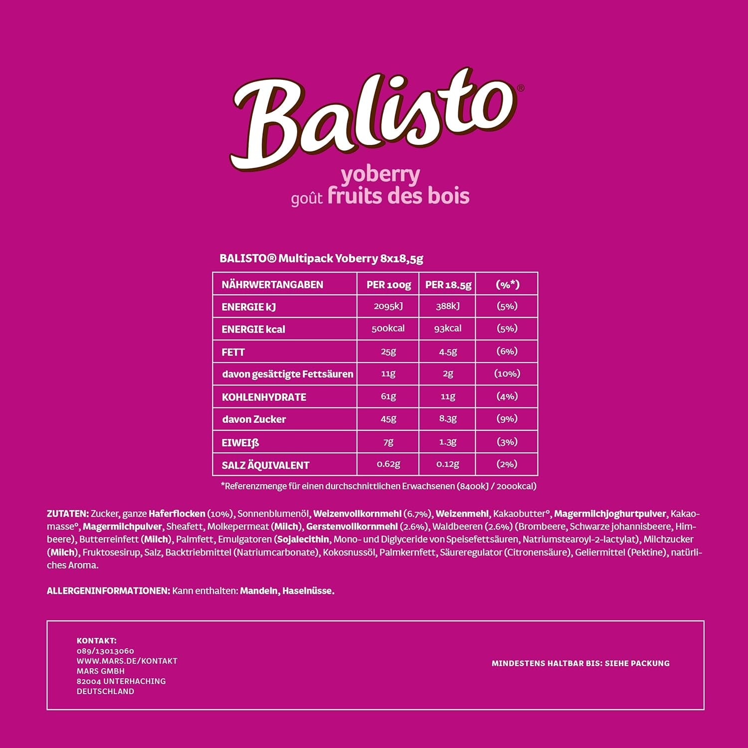 Balisto Chocolate Pack Bulk, Barres de chocolat Yoberry, céréales et yaourt, 8 x 18,5 g, chocolat, barres de muesli, paquet de chocolat en vrac (148 g)