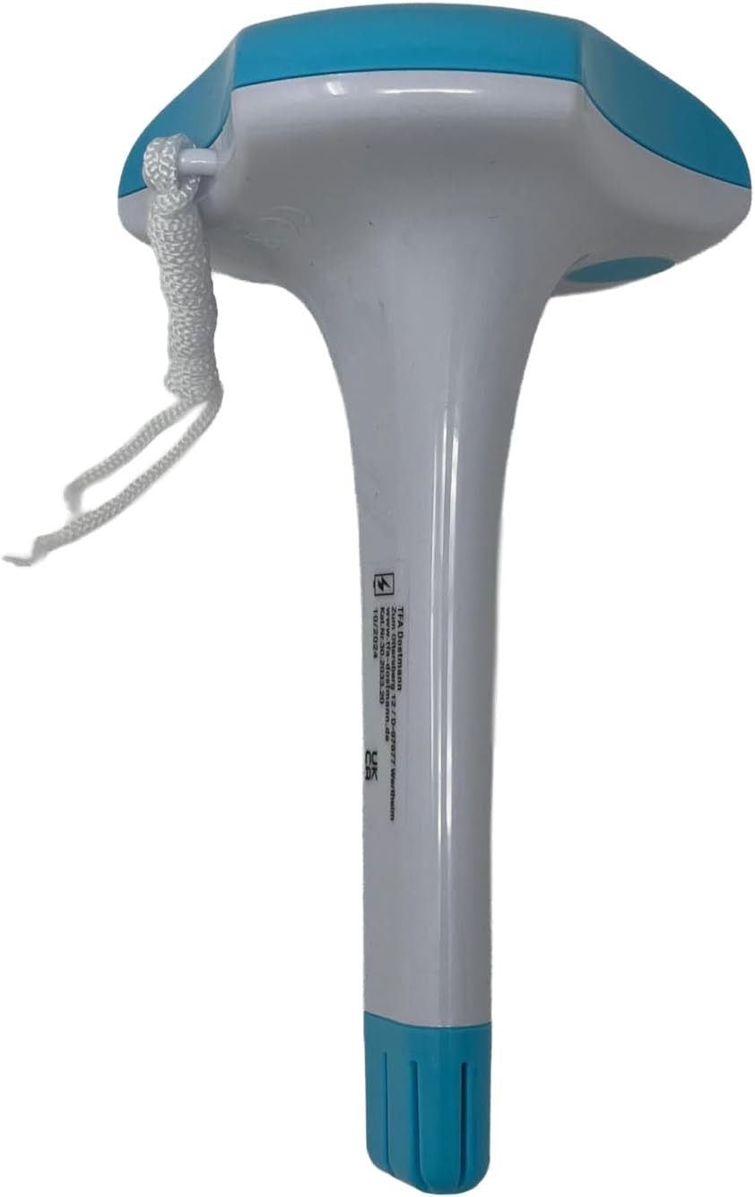 TFA Dostmann 30.2033.20 TFA Dostmann 30.2033.20 Thermomètre solaire numérique pour piscine, câble de 1 m, étanche IPX8, batterie non incluse, plage de mesure -20 à +50°C, précis, idéal pour piscines, étangs, piscines, blanc/turquoise