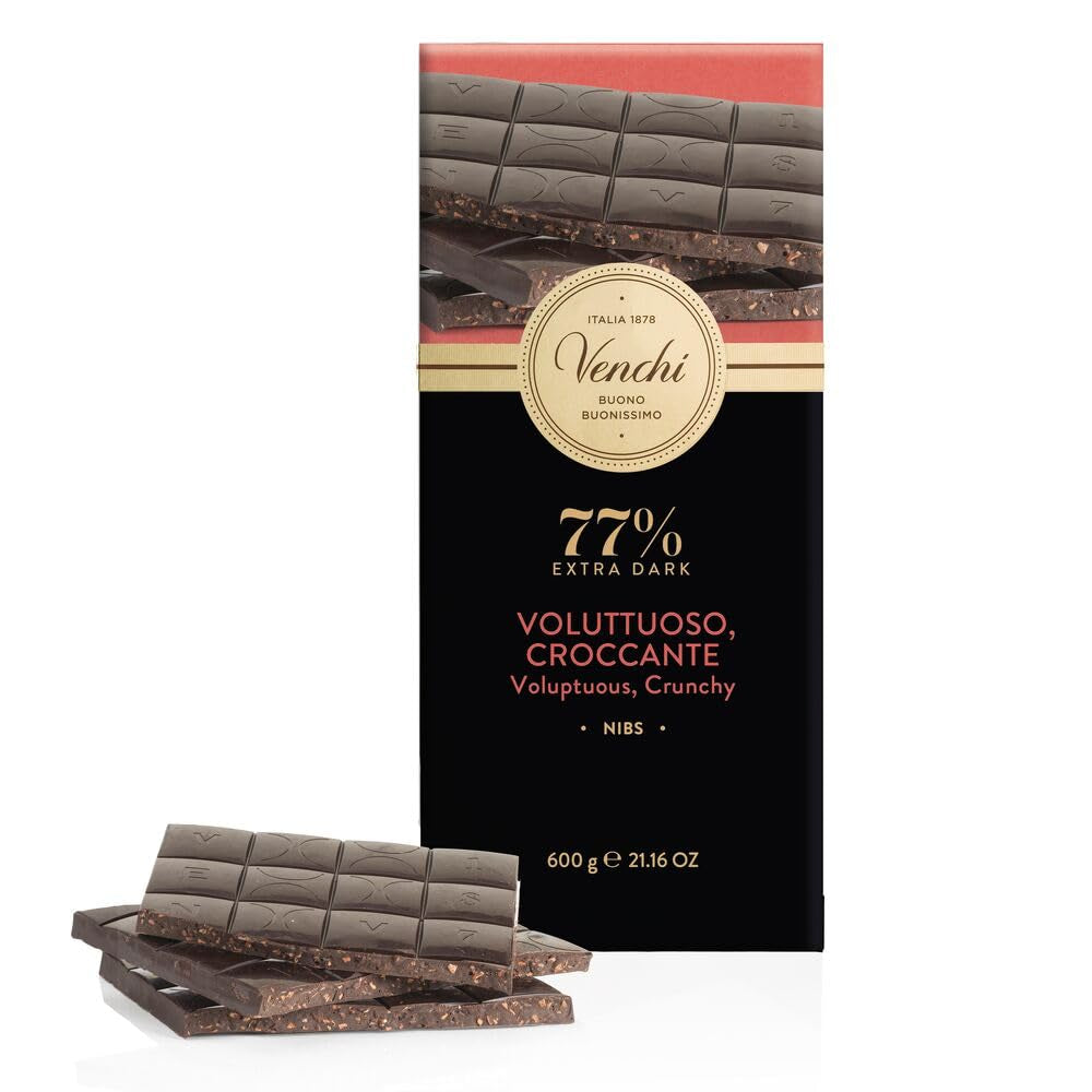 Venchi - Bar Maxi 77% Nibs, au chocolat extra noir, morceaux de fèves de cacao, 600 g, sans gluten, sans colorants et sans conservateurs