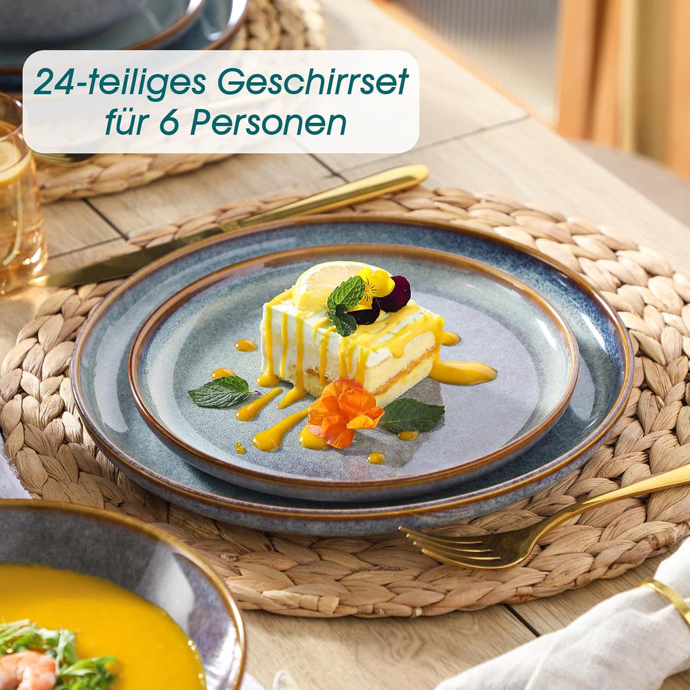 Geschirrset 6 Personen, vancasso PLAYA 24tlg Reaktive Glasur Steingut Tafelservice 6 Personen Modern, Beinhaltet Schüssel, Suppenteller, Dessertteller, Speiseteller, Spülmaschinenfest, Lavendelblau