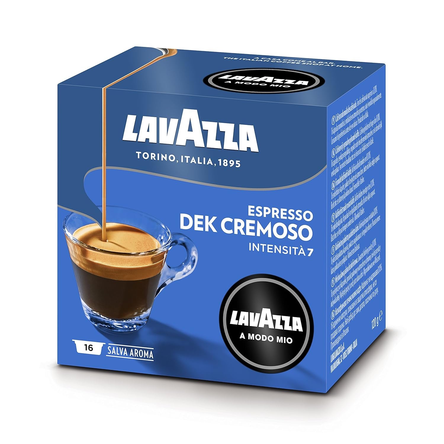Lavazza A Modo Mio Dek Cremoso, 256 capsules de café, pour expresso décaféiné aux notes aromatiques d'amandes et de canditis, 100% Arabica, intensité 7/13, torréfaction moyenne, 16 paquets
