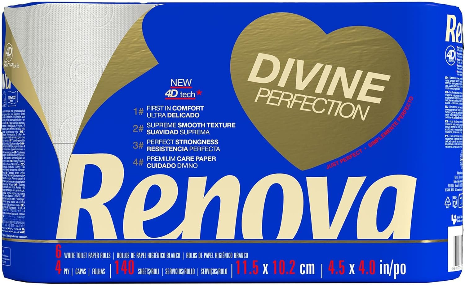 Renova Renova Divine Perfection Papier toilette, 42 rouleaux, papier toilette de qualité supérieure, 4 épaisseurs, ultra doux, extra résistant, épais, doux et absorbant, papier certifié FSC, 4400 g