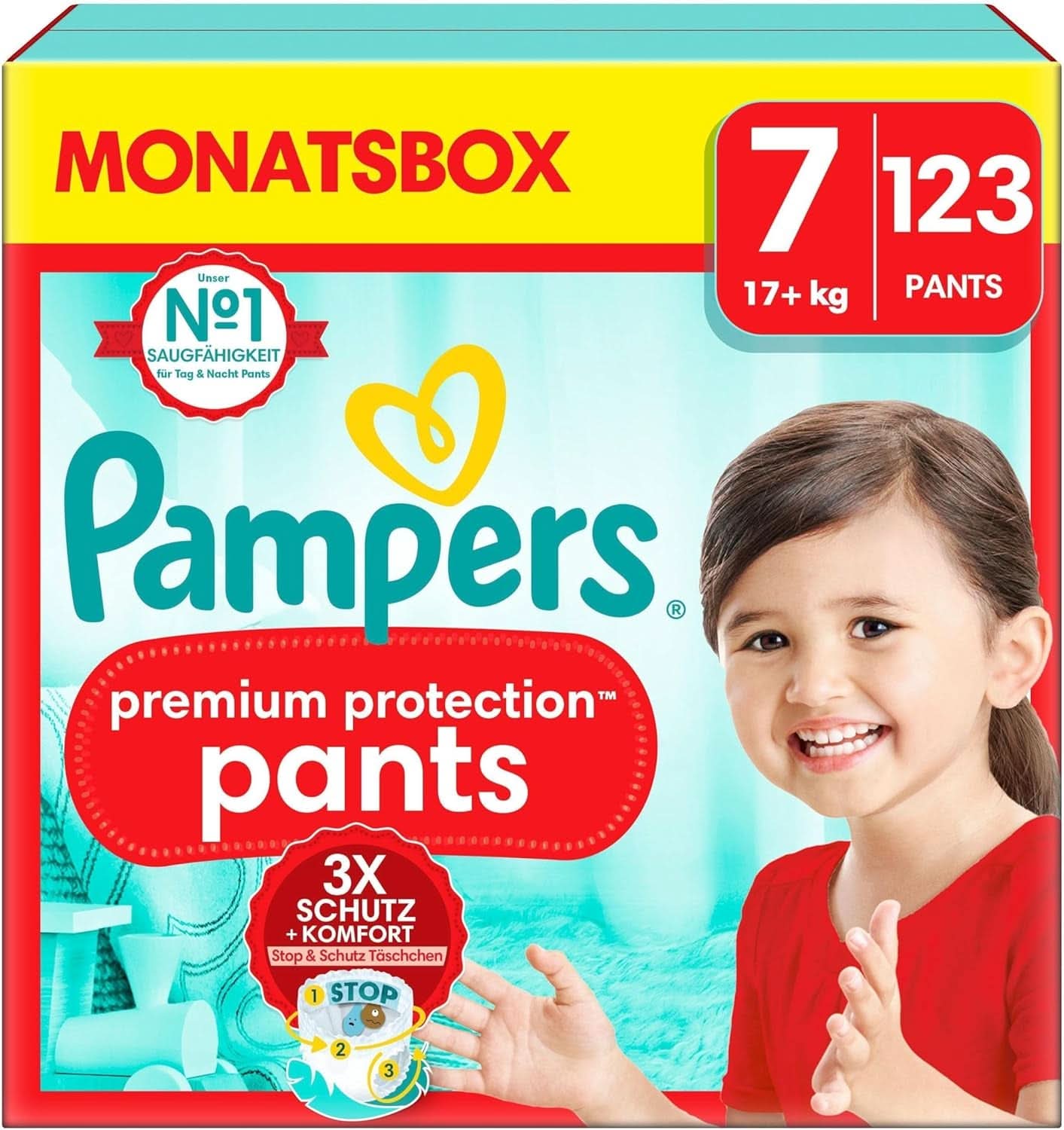 Couches Pampers pour bébé taille 5 (12-17Kg) Premium Protection, Junior avec poche Stop and Protect, 144 couches Panty Mère et Enfant Naty Shop 7 (123 pcs) Premium Protection Pants
