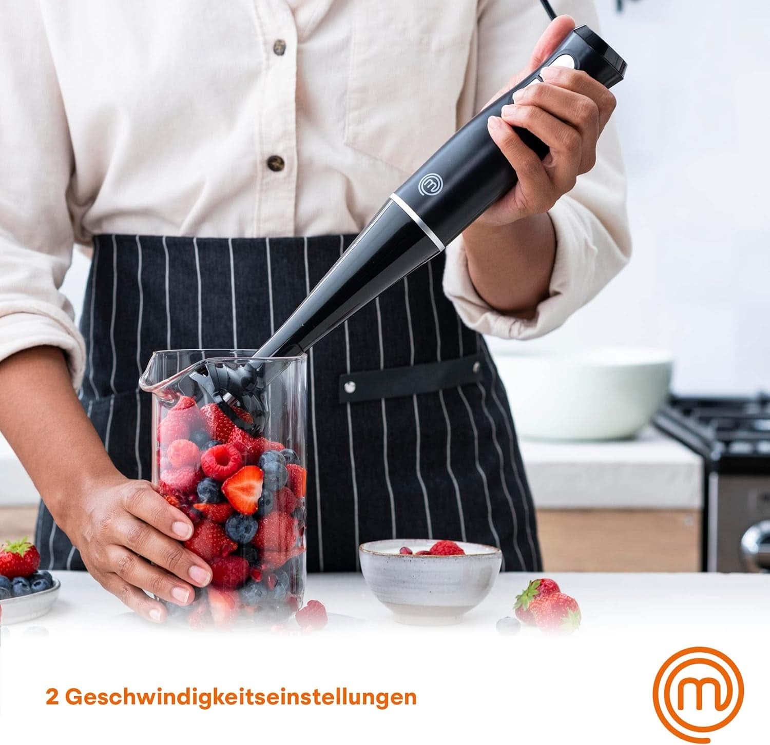 Masterchef Stabmixer, Pürierstab Mit Spritzschutz, Zauberstab Küchengerät, Elektrische Mixstab Hand Blender Mit 2 Speeds, Eintauchfunktion, Spülmaschinenfeste Komponenten, 200W, Schwarz Kitchen Naty Shop