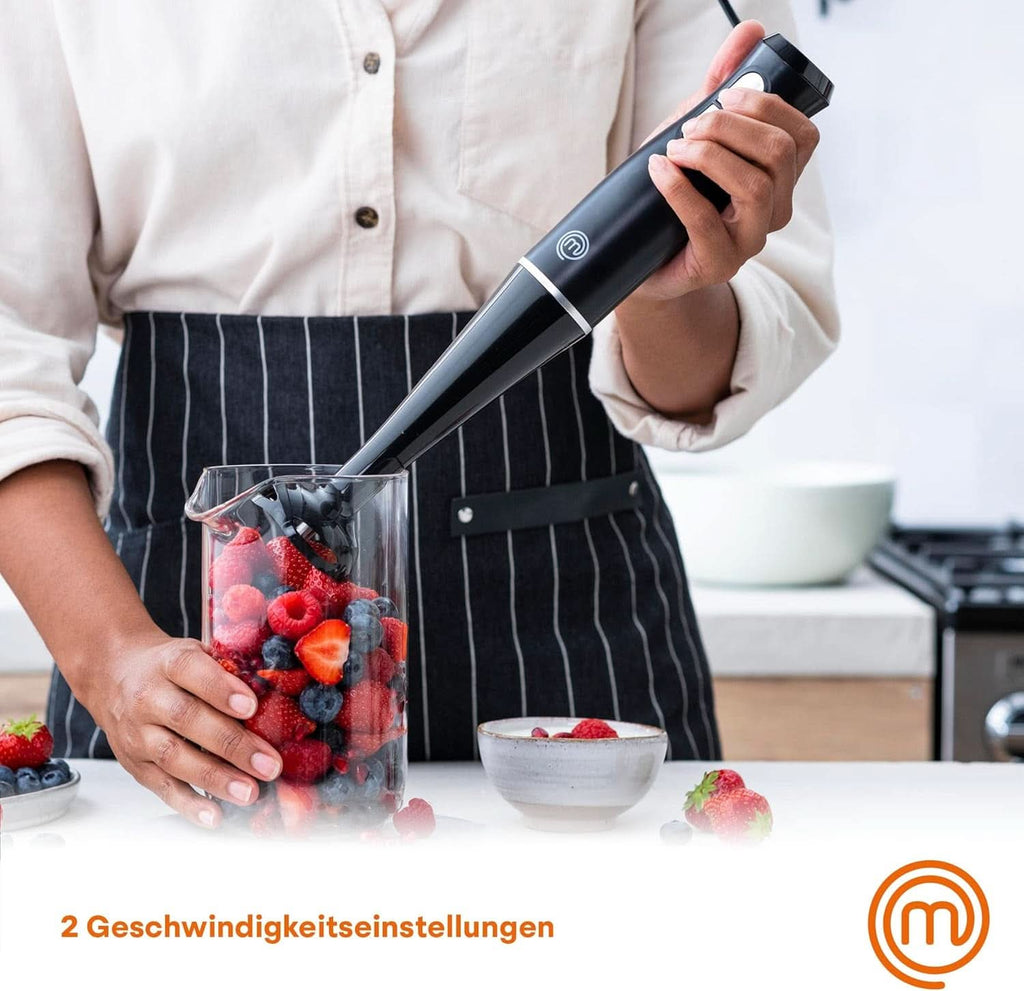 Masterchef Stabmixer, Pürierstab Mit Spritzschutz, Zauberstab Küchengerät, Elektrische Mixstab Hand Blender Mit 2 Geschwindigkeiten, Eintauchfunktion, Spülmaschinenfeste Komponenten, 200W, Schwarz Bucatarie Naty Shop