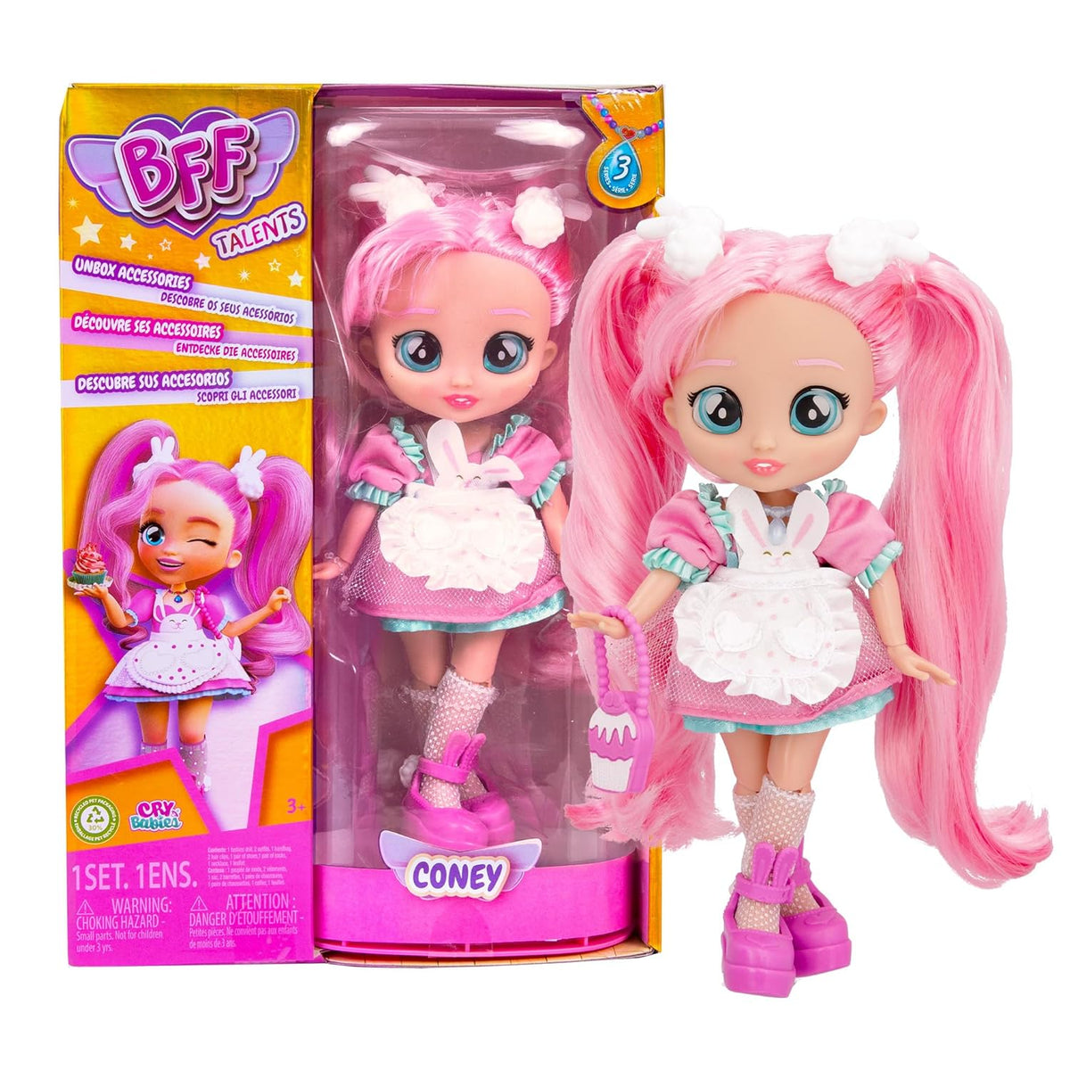 BFF BY CRY BABIES Coney - Poupée de mode pour petits et grands, avec des cheveux longs, des vêtements et 9 accessoires - Jeux de jeux pour filles et jeunes +3 ans