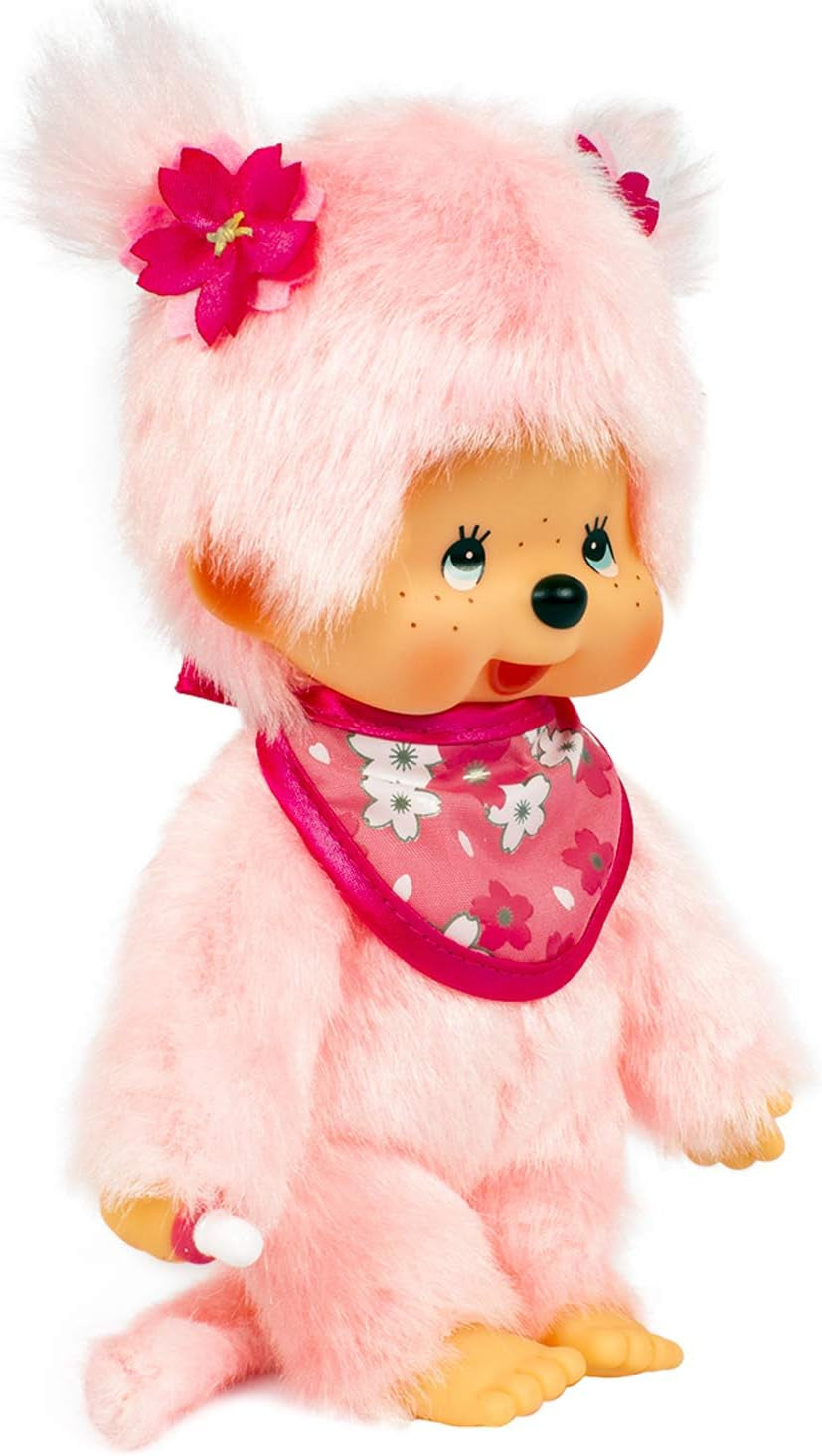 Bandai – Monchhichi Pinky Sakura Rose – Ikonisches Affenkuscheltier der 80er Jahre – Superweiches Kuscheltier 20 cm für Kinder – Spielzeug für Kinder ab 2 Jahren – 24289