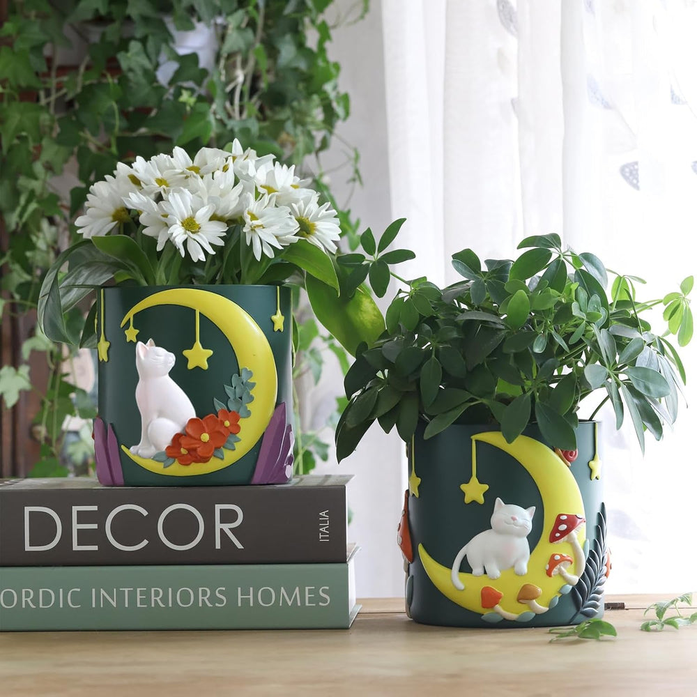 GUGUGO Pots de Fleurs Chat Lune Mignon, Pot de Fleur Unique avec Drainage, Couleurs Arc-en-Ciel, Petits Pots de Plantes d'intérieur, Pots de Jardin Succulents Amusants, Cadeau, Décoration de la Maison (C)