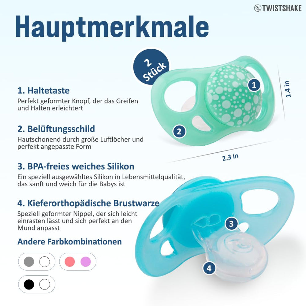 Sucettes pour bébé Twistshake – Paquet de 2 | Forme orthodontique | Ultra-léger | Tétine en silicone souple | Sans BPA | Convient aux bébés à partir de 6 mois | Bleu Vert