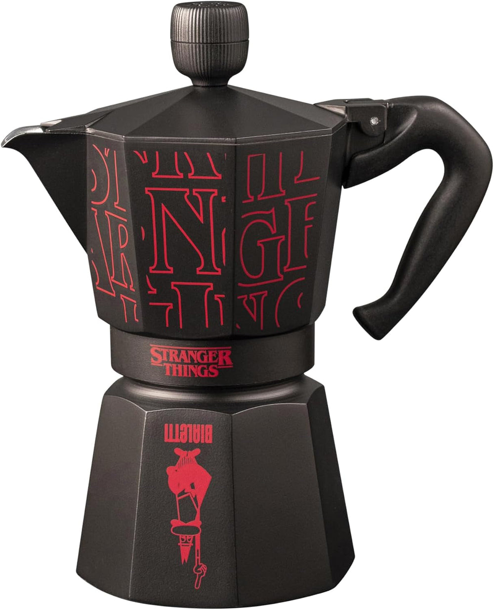 Bialetti Moka Express Stranger Things Cafetière 6 tasses, bouton musique avec fonction de chargement USB-C, ne convient pas aux plaques à induction, 6 tasses (270 ml), noir