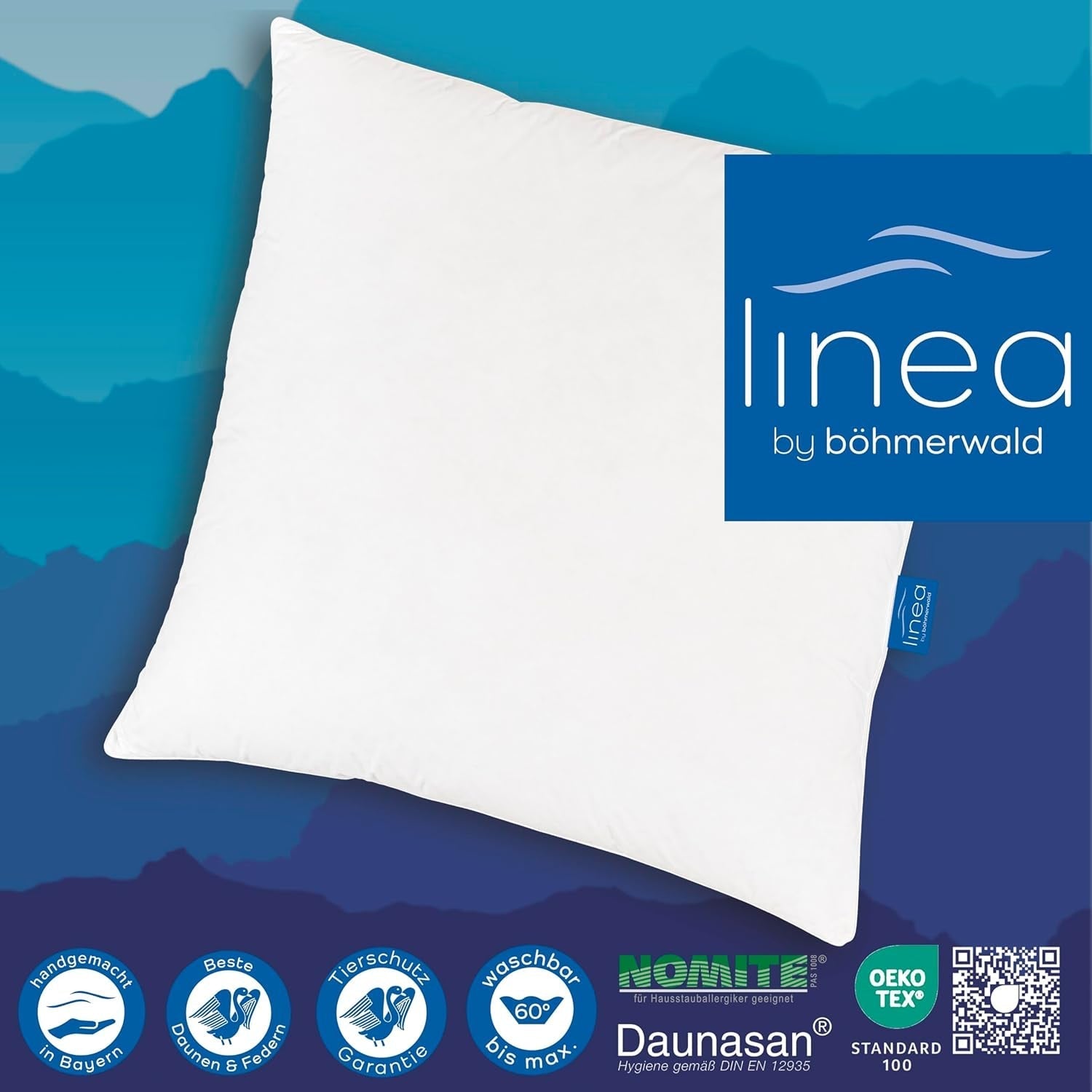 LINEA by Böhmerwald - Cosy - Oreiller Balance de haute qualité, 80X80, 70% plumes classe 1, 30% duvet neuf, adapté aux allergies, lavable jusqu'à 60°C, fabriqué en Allemagne Oreillers standards Naty Shop