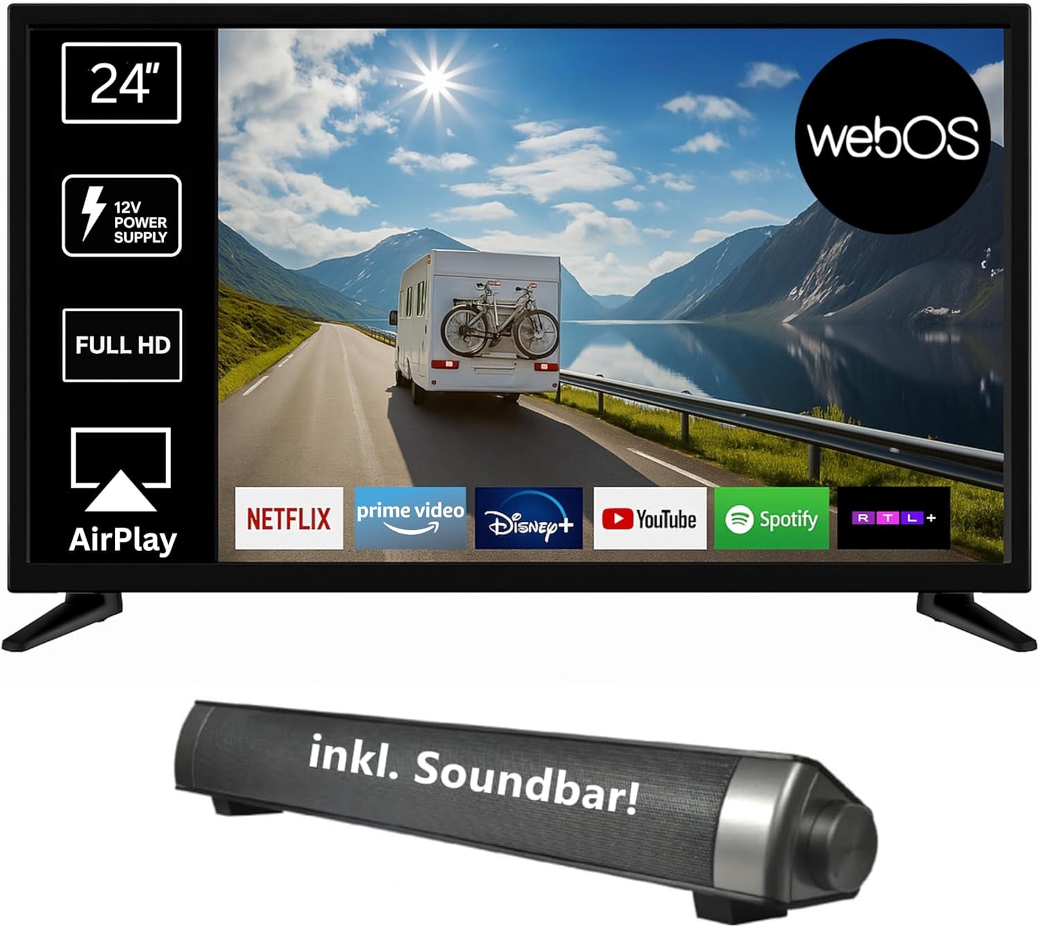 Televizor inteligent Reflexion LED24iBT de 24 de inci cu soundbar, Full HD, WLAN, Bluetooth, HDMI, USB, CI+, adaptor auto de 12V – ideal pentru autorulote, caravane, rulote și bărci – incl. telecomandă