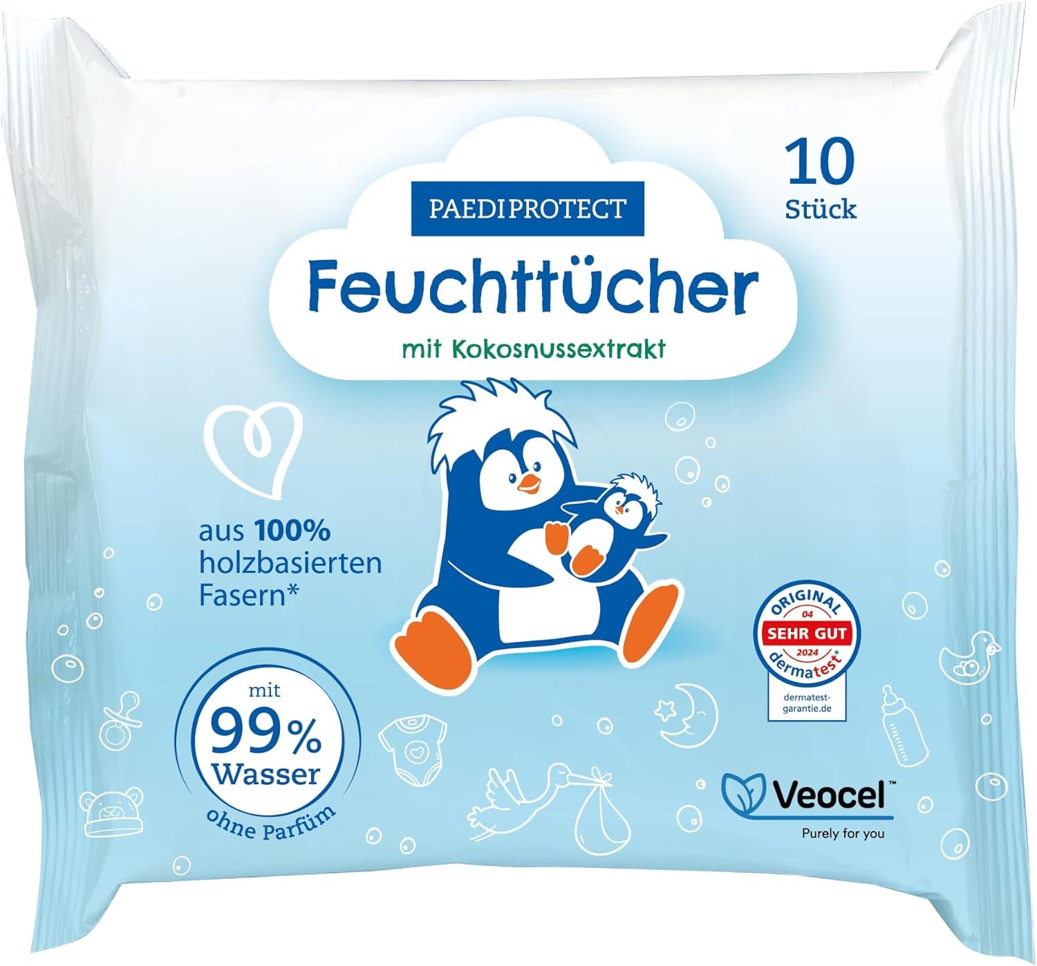 PAEDIPROTECT Lingettes humides pour bébé 1 x 10 pièces Lingettes humides à l'eau pour bébé sensible 99 % d'eau sans parfum Bébé et enfants Peau délicate Extrait de noix de coco Sans microplastique végétalien (paquet de 5)