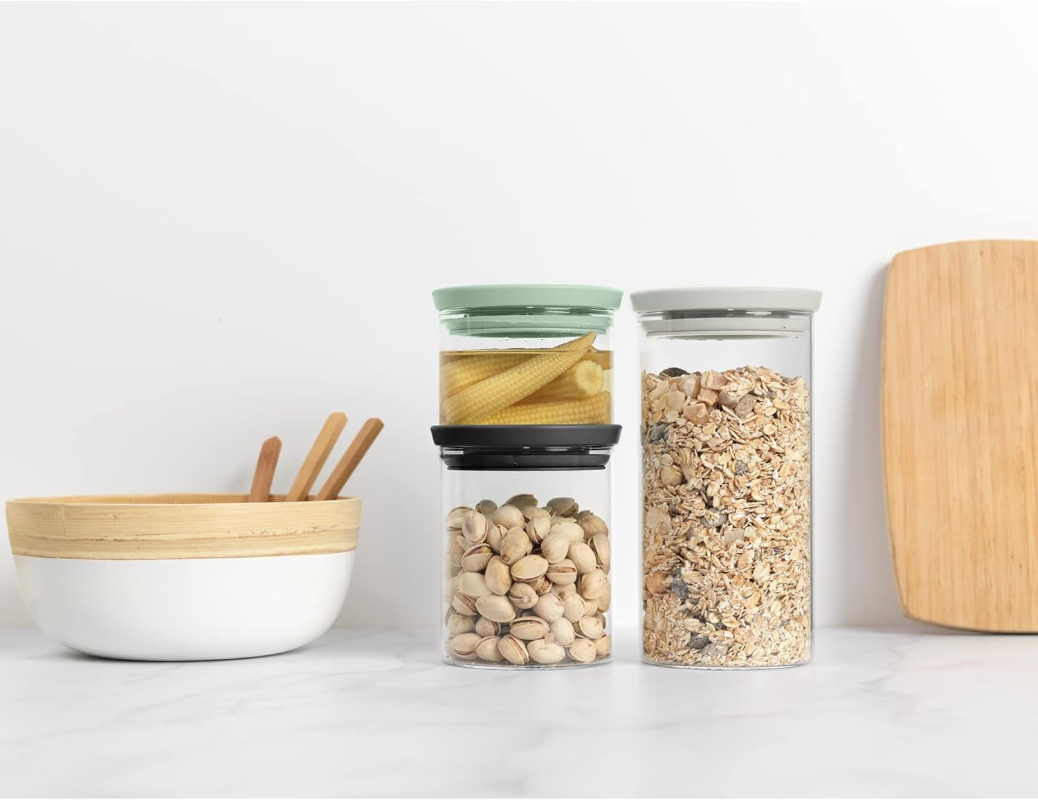 Brabantia - Récipient en verre empilable avec couvercle - Lot de 3 - Conservation des aliments - Garde les aliments frais plus longtemps - Joint en silicone - Passe au lave-vaisselle - Gris foncé/Gris clair/Vert jade - Boîtes de conservation alimentaire 0,3L/0,6L/1,1L Naty Shop