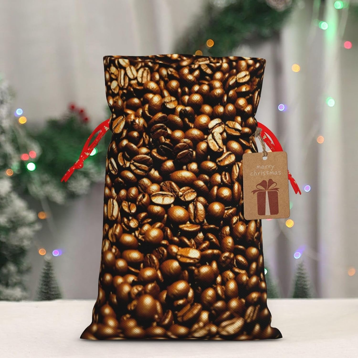 Lustige geröstete Kaffeebohnen, Weihnachtsbeutel mit Kordelzug, robuste, 21,1 x 30 cm, geeignet für Partygeschenke und Geschenkverpackung, 1 Stück