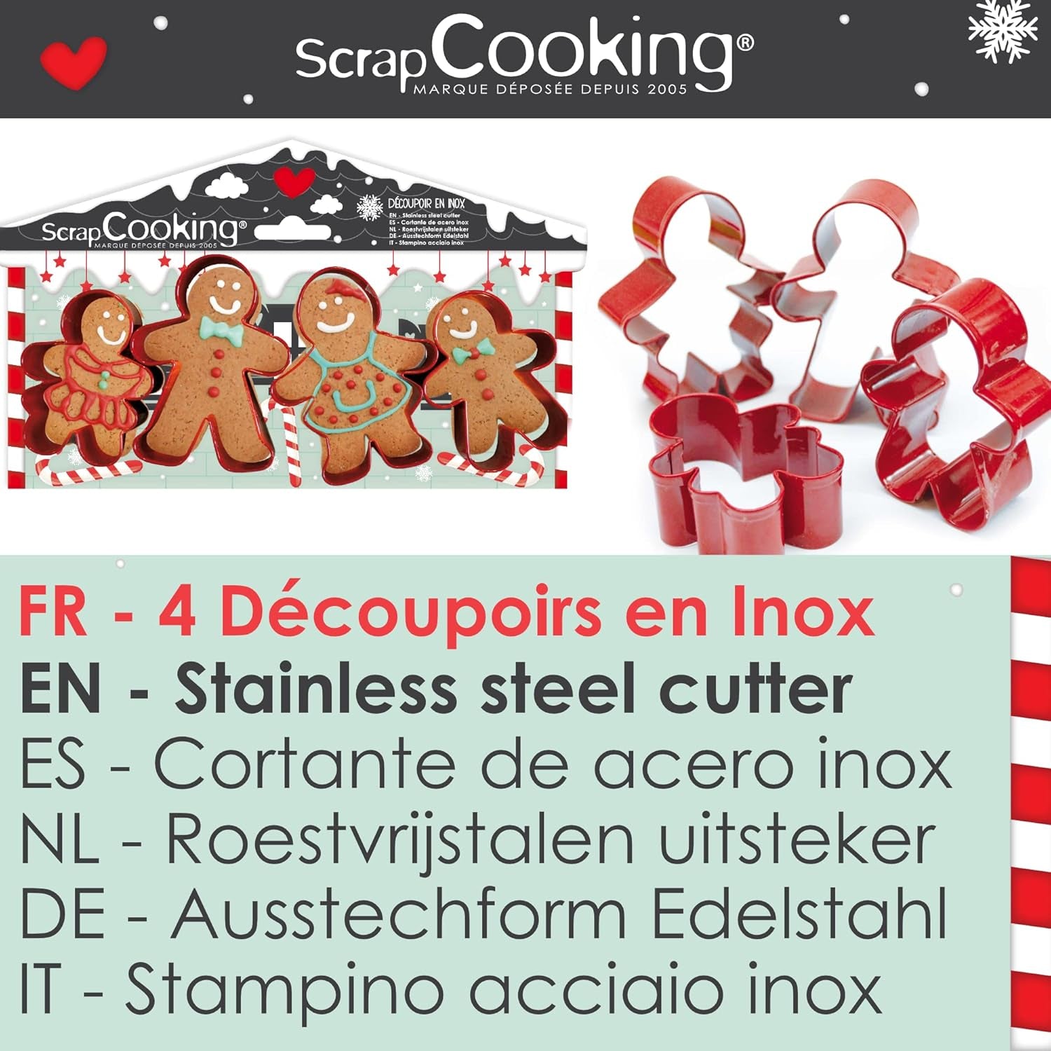 ScrapCooking - 4 emporte-pièces bonhomme en pain d'épices - emporte-pièces de Noël en acier inoxydable - emporte-pièces bonhomme en pain d'épices - accessoires de pâtisserie design gâteau - 2081