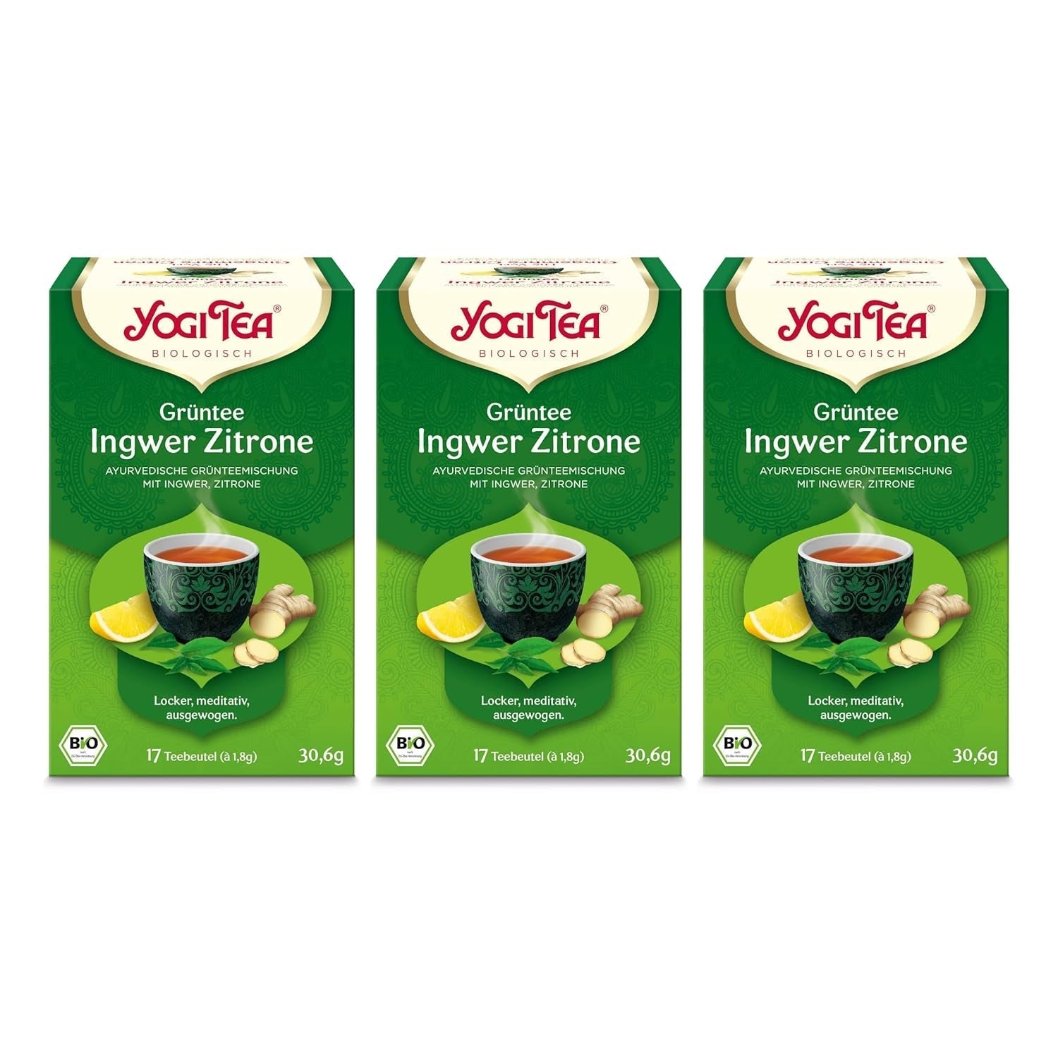 Yogi Tea - Ceai verde cu ghimbir și lămâie, ceai ayurvedic organic cu condimente și plante, amestec de ceai verde, ghimbir și lămâie, pachet de 3 ceaiuri Yogi, 3X17 pliculețe (51 pliculețe de ceai în total), ideal ca cadou