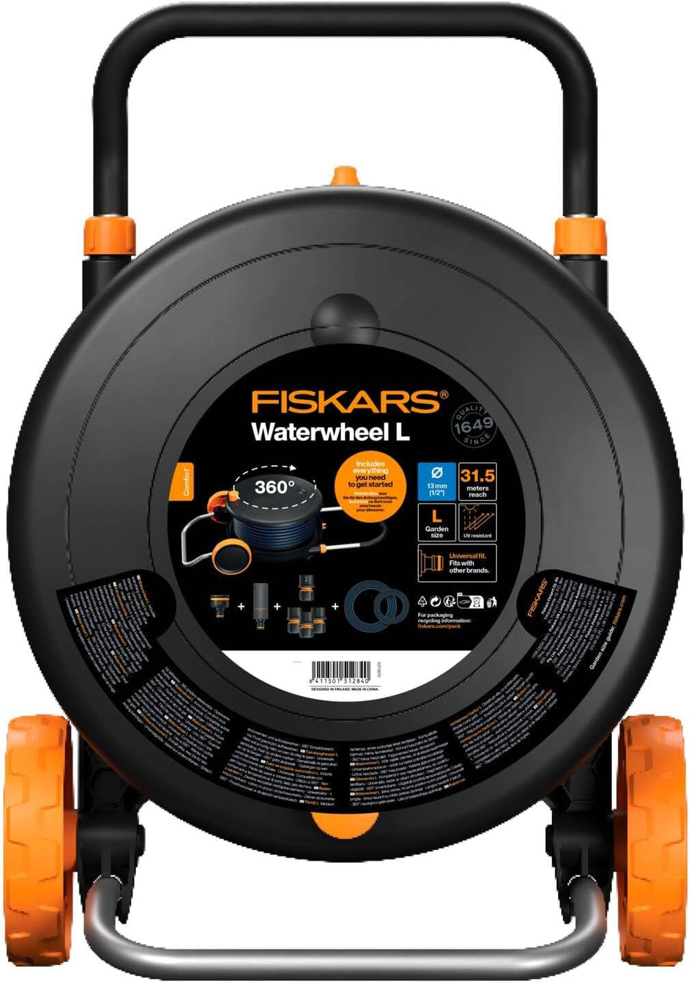 Roue hydraulique Fiskars Comfort L avec roulettes, kit d'arrosage tout compris, portée totale de 31,5 m, enroulement automatique, tuyau d'arrosage universel (Ø 13 mm), raccord de robinet universel, 1071670