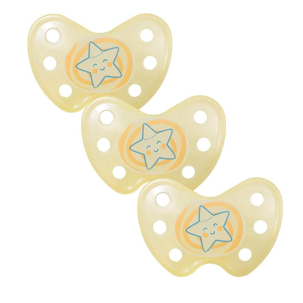 Lot de 3 sucettes dentaires de nuit en silicone - Taille 3 à partir de 14 mois - Sucettes qui brillent dans le noir de qualité dentaire - Sans BPA - Fabriquées en Allemagne - Lune, Jaune