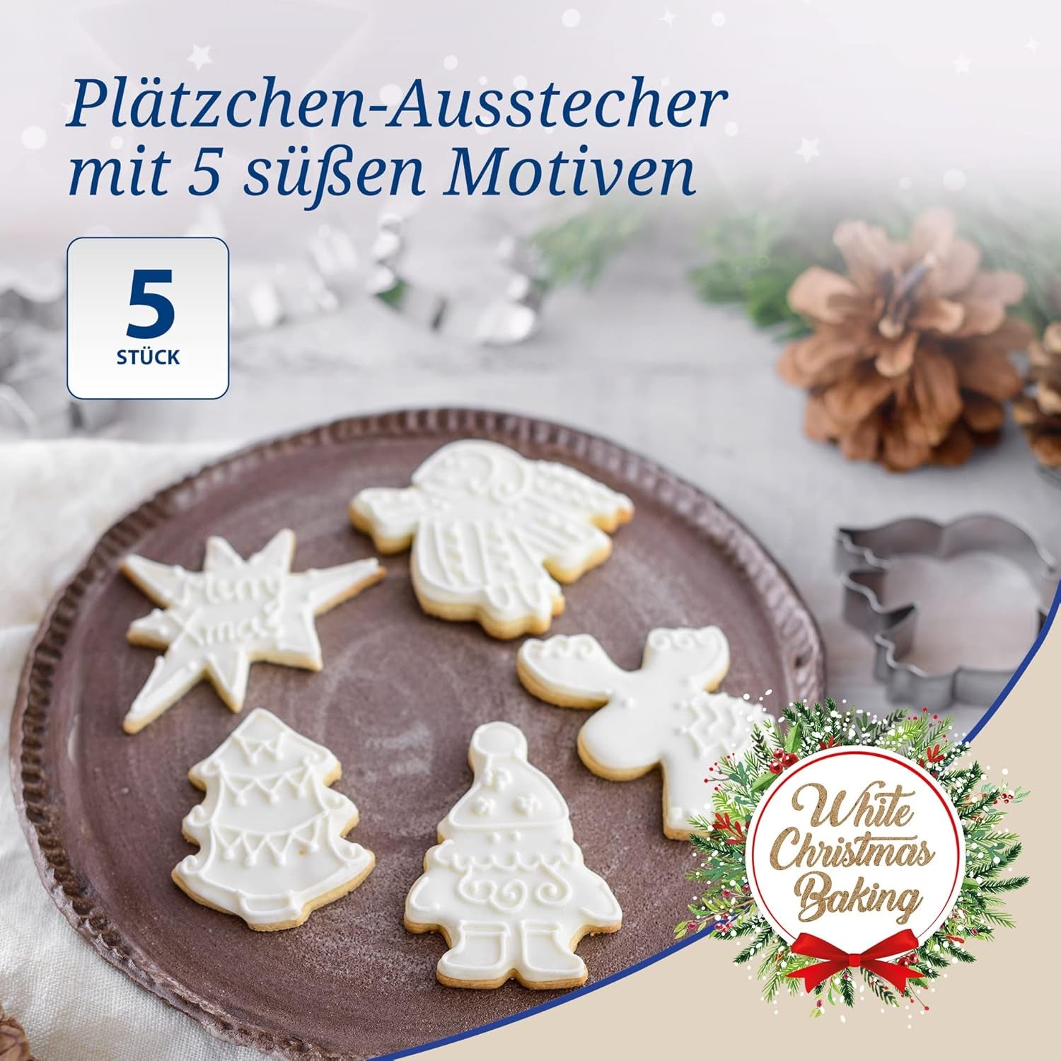 Dr. Oetker Lot de 5 emporte-pièces de Noël – Emporte-pièces blancs pour la pâtisserie de Noël – Emporte-pièces en acier inoxydable pour Noël