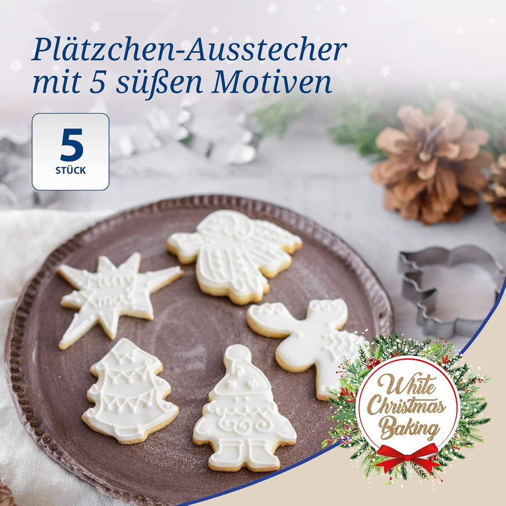Dr. Oetker Lot de 5 emporte-pièces de Noël – Emporte-pièces blancs pour la pâtisserie de Noël – Emporte-pièces en acier inoxydable pour Noël