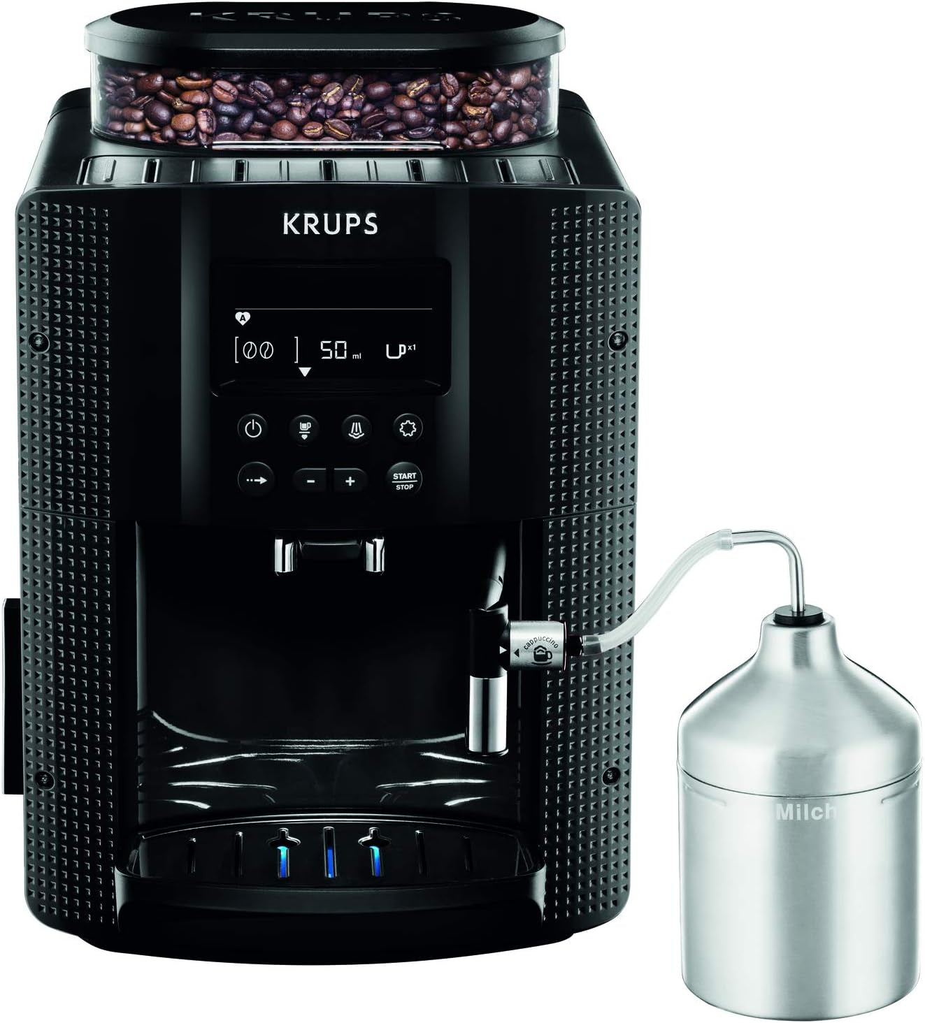 Machine à expresso automatique KRUPS Arabica Picto, design compact, facile à utiliser, commande rotative intuitive réglable, mousseur à lait, fonction 2 tasses, machine à expresso, noir, EA810870