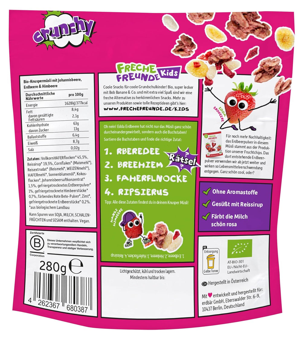 FRECHE FREUNDE Muesli de petit-déjeuner bio Mélange de muesli croquant aux baies d'Edda pour écoliers avec fraises lyophilisées Vegan 6 Pack (6 x 280g)