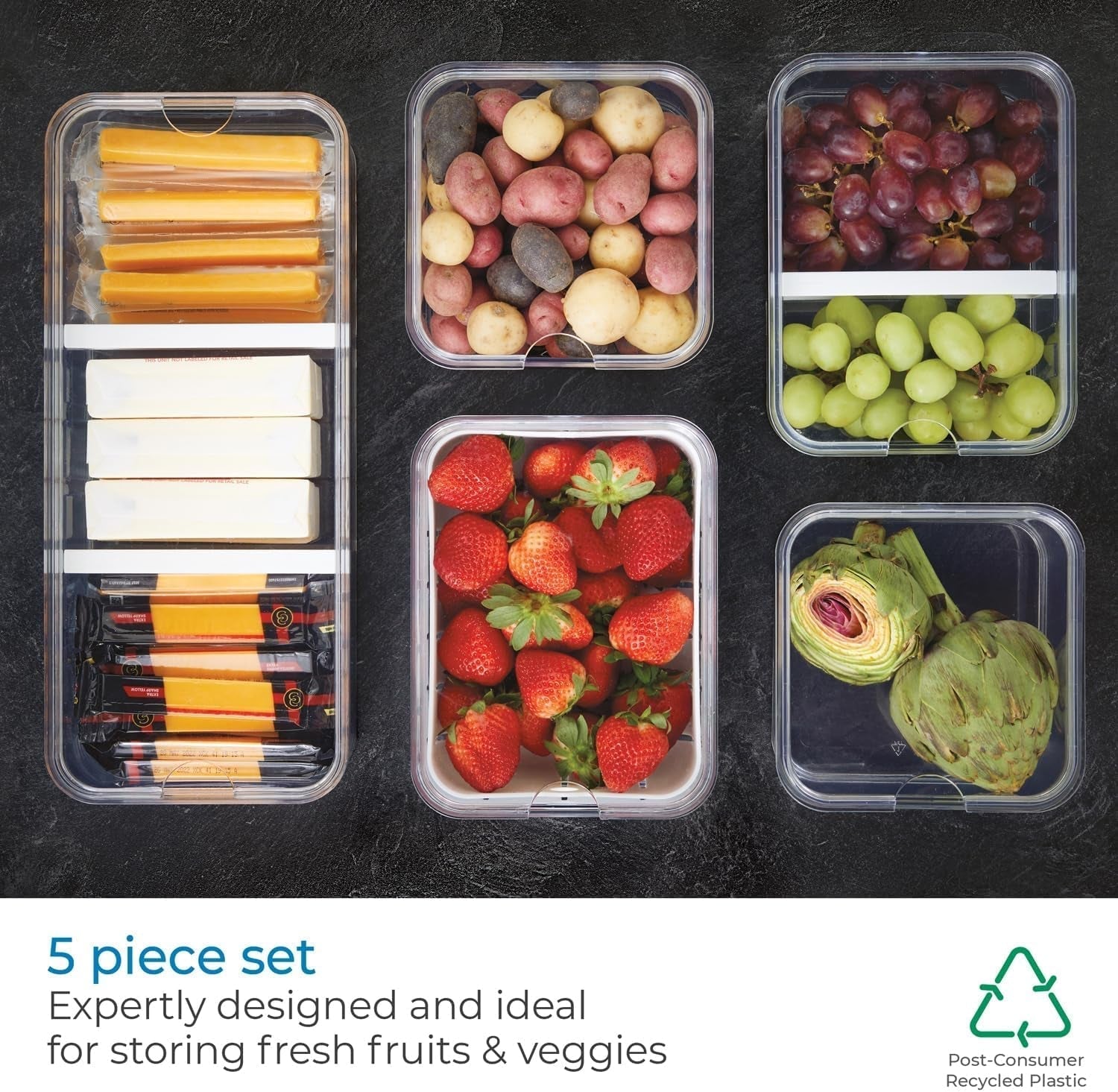 iDesign Lot de 5 boîtes de rangement pour réfrigérateur avec couvercles, boîtes de conservation en plastique recyclé pour organiser les consommables, boîtes de conservation transparentes et blanches Naty Shop