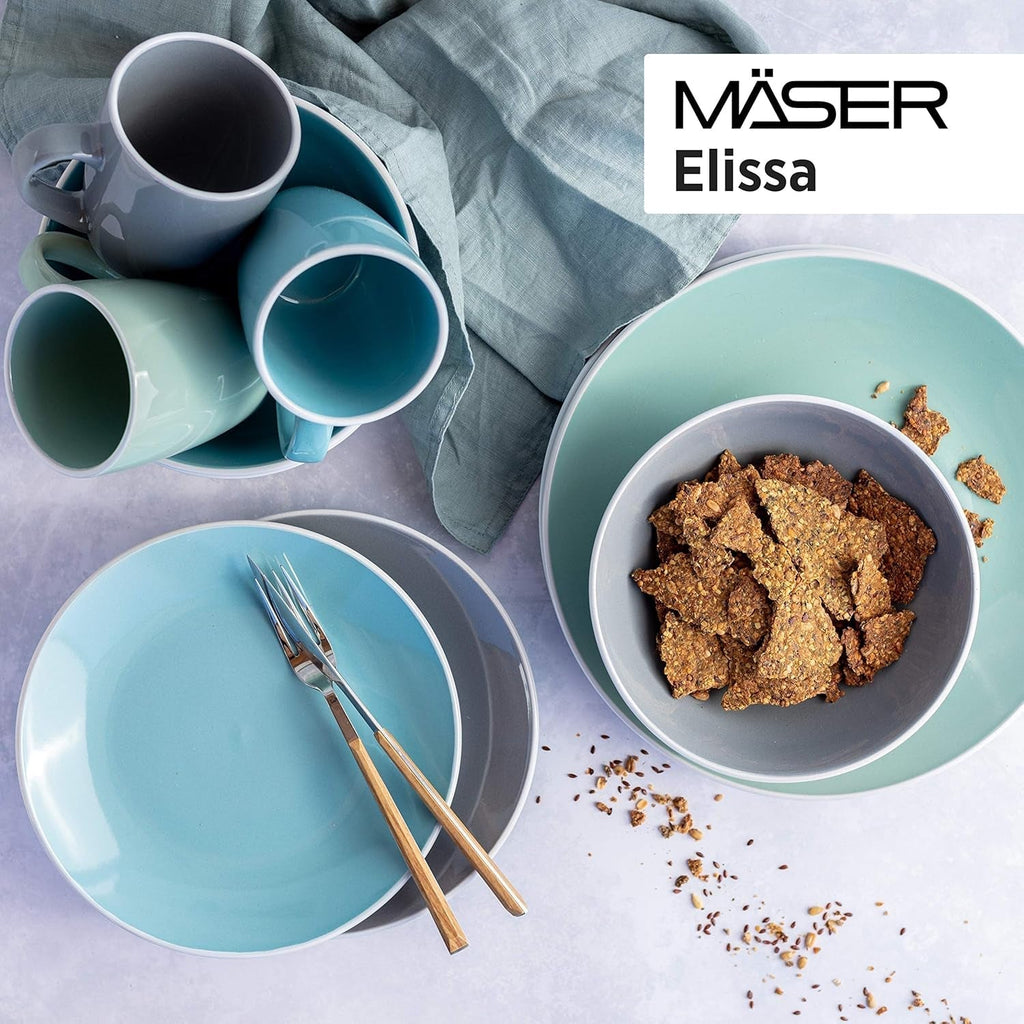 MÄSER 931770 Serie Elissa Modernes Geschirr Set Für 6 Personen in Türkis Mit Weißem Rand, 24-Teiliges Kombiservice, Steinzeug Seturi vesela masa Naty Shop