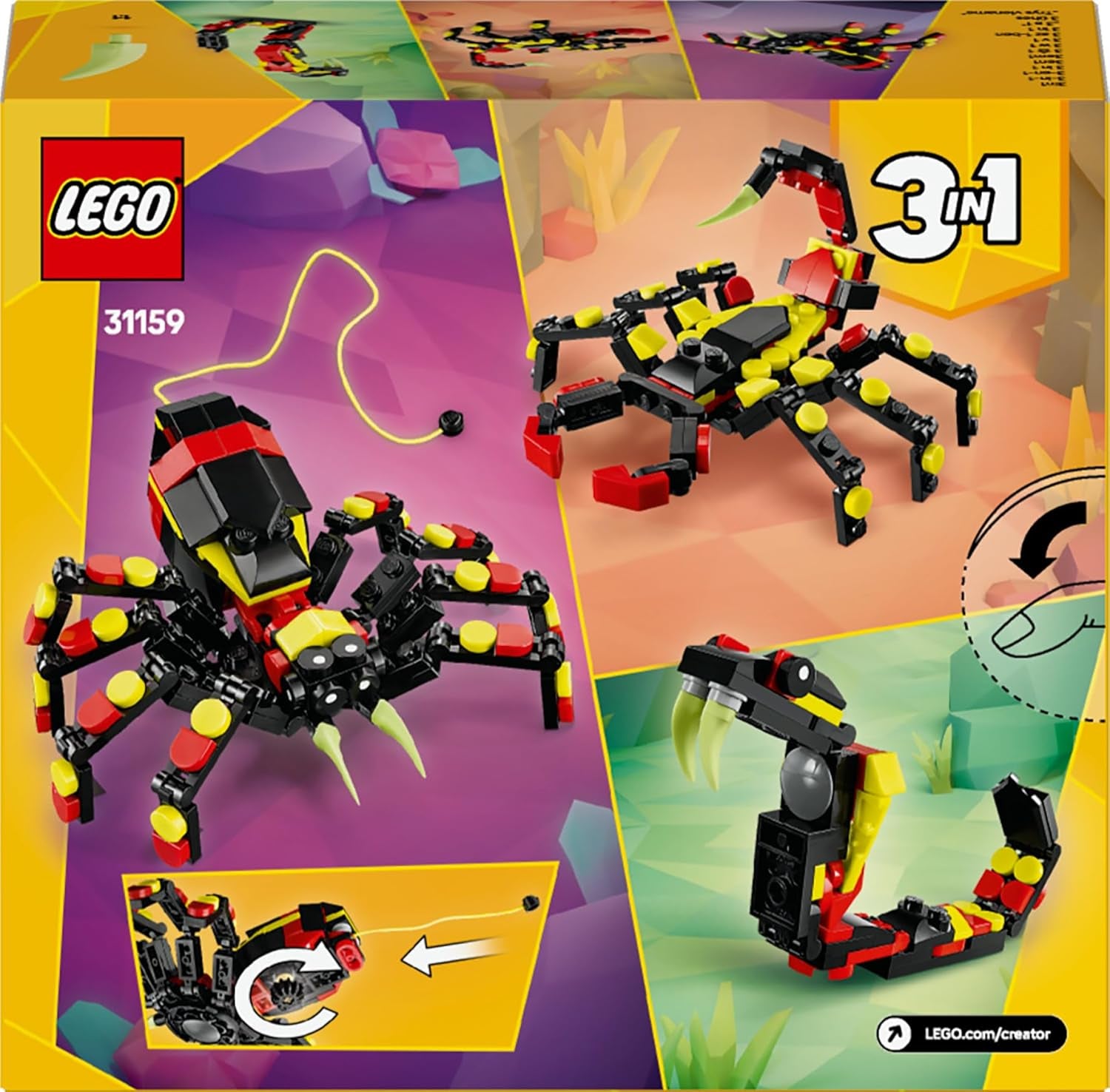 LEGO Creator 3in1 Wilde Tiere : Überraschungspinne - Spielzeug zum Bauen in a eine Skorpion Figur ord Schlange - Bauset mit 3 Modellen - Geschenk für Young and Mädchen ab 7 Jahren 31159