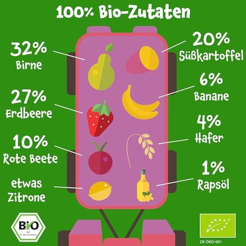 Sachets de légumes et céréales biologiques Pumpkin Organics, pack de 8 : Poire, Fraises, Patate douce, Betterave, Banane, Avoine - Sans sucre ajouté¹ - Dès 6 mois - comme collation ou aliment complémentaire dans l'emballage (8 x 100g)