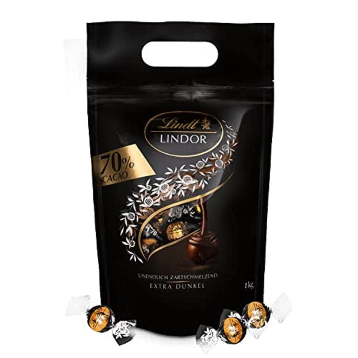 Boules de chocolat extra noir Lindt LINDOR et boules de chocolat crème aux fraises LINDOR | Sac refermable de 1 kg | env. 80 boules de chocolat blanc à la crème de fraise