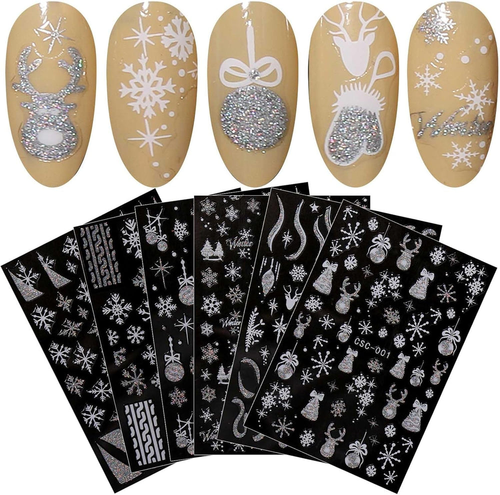 JMEOWIO Nagelsticker Weihnachten Gold Glitter Silber 8 Blatt Nail Art Sticker Selbstklebend Nagelaufkleber Schneeflocke Winterurlaub Dekoration Nageldesign Zubehör
