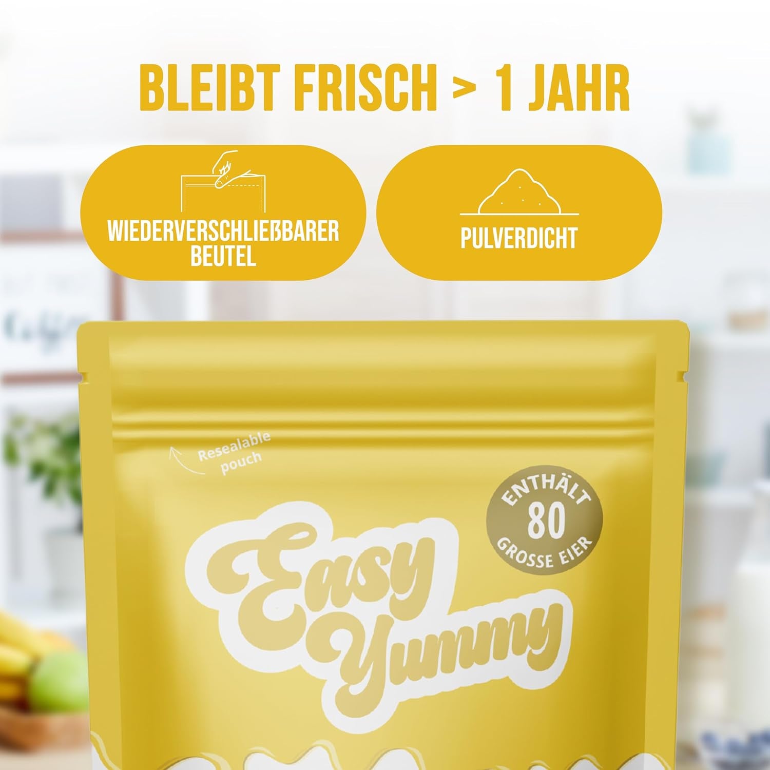 EASY YUMMY - Vollei-Eipulver (1000g = 80 Eier) aus Regionalen Niederländischen Freiland-Eiern | mythe 1-Ei-Messlöffel | Wiederverschließbarer Beutel, longue Haltbarkeit | Rührei, Cuisines, Backen | 100% eux