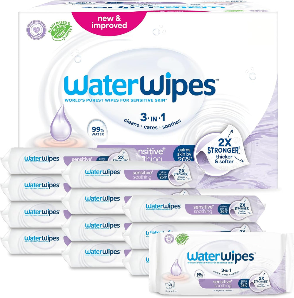 WaterWipes Sensitive+ Soothing Clean 360 pièces (paquet de 6) lingettes 3 en 1 nettoyantes, soignantes et apaisantes à 99 % d'eau avec extrait de plante, lingettes pour bébé non parfumées