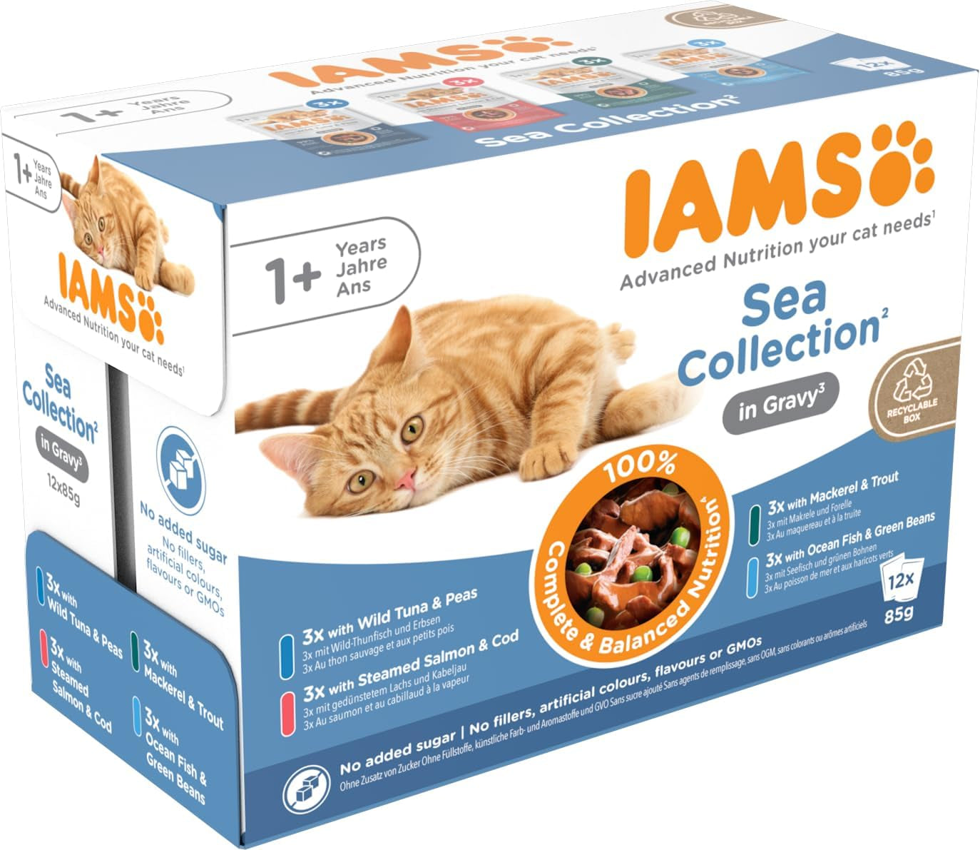 IAMS Delights Sea Collection Katzenfutter Nass - Multipack mit Fisch Sorten (Lachs, Thunfisch, Maquereau, Seefisch) en Sauce, Nassfutter für Katzen à partir de 1 janvier, 12 x 85g