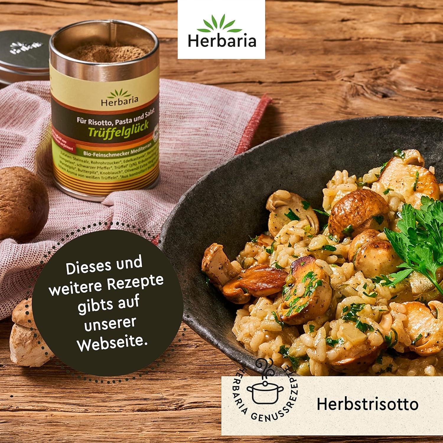 Herbaria Trüffelglück bio 110g M-Dose - Fertiges Bio-Pilz- & Trufflegewürz für intensiv-köstliche Gerichte - with erlesenen Ingredient - in nachhaltiger Aromaschutz-Dose