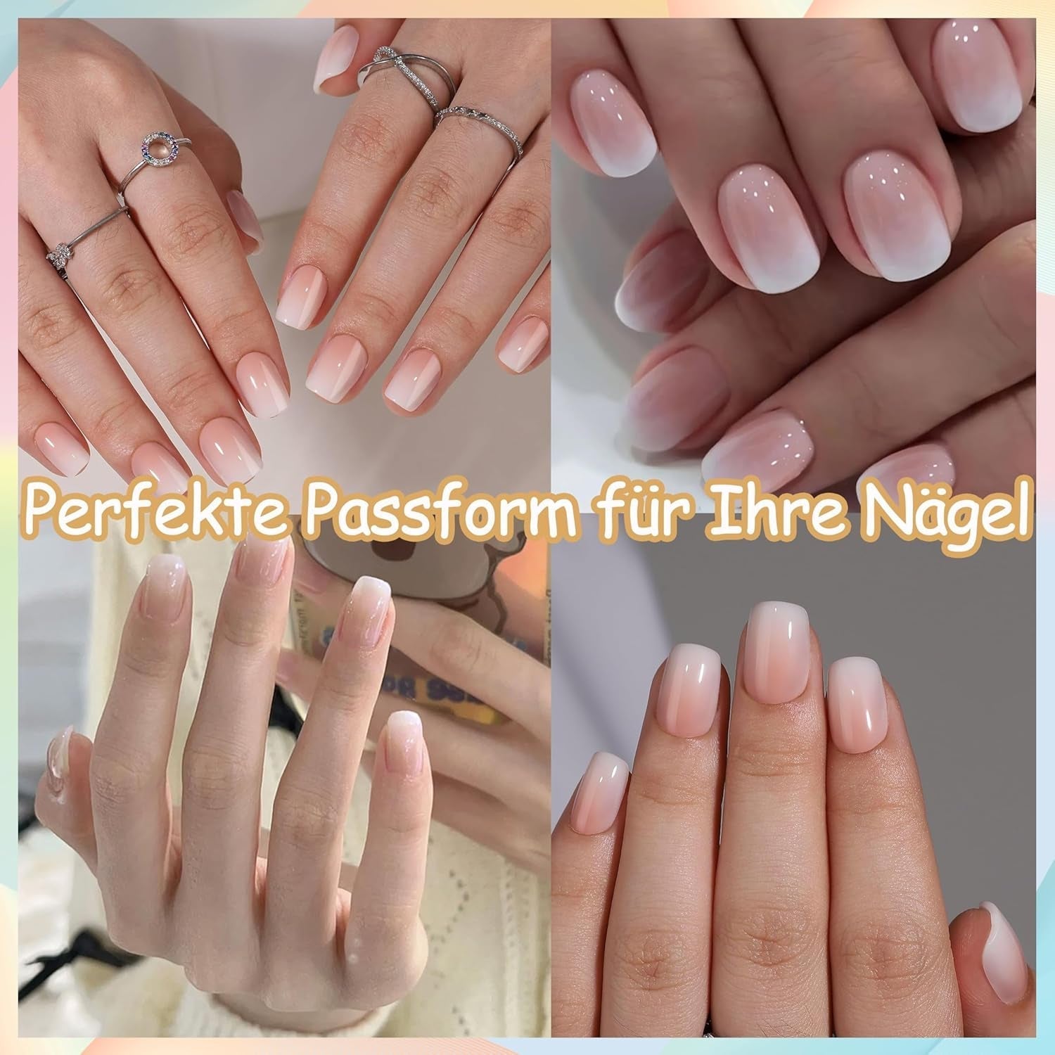 Lot de faux ongles – 240 pièces courtes et carrées, modèle en gel souple, dégradé de blanc nu, colle naturelle sur faux ongles pour femme, à faire soi-même (dégradé nu, 240X)