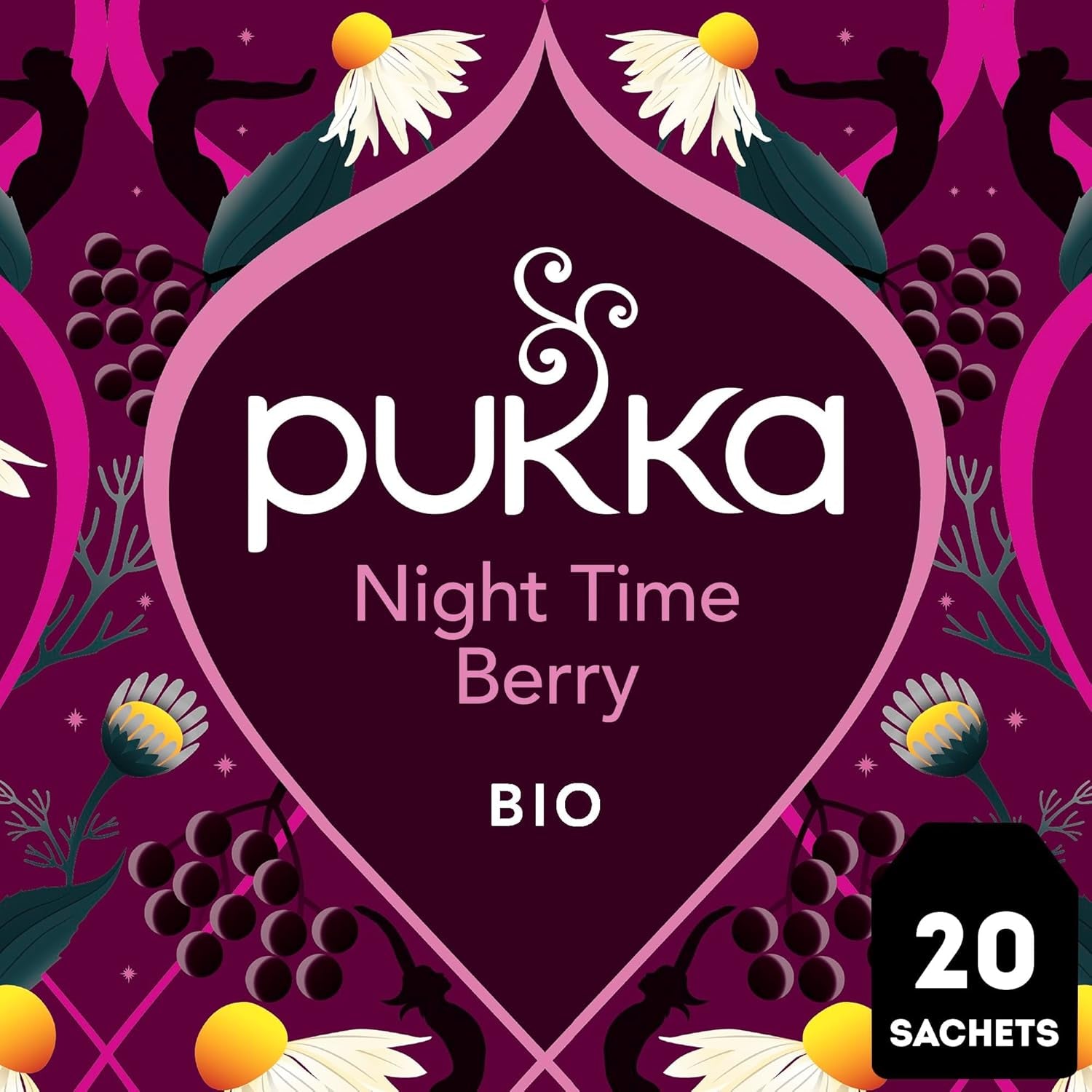 Pukka | Ceai de fructe bio „Night Time Berry” | Mușețel, coacăze negre și mure | Ceai pentru o seară relaxantă | Fără cofeină | Pachet de 1 | 20 pliculețe de ceai
