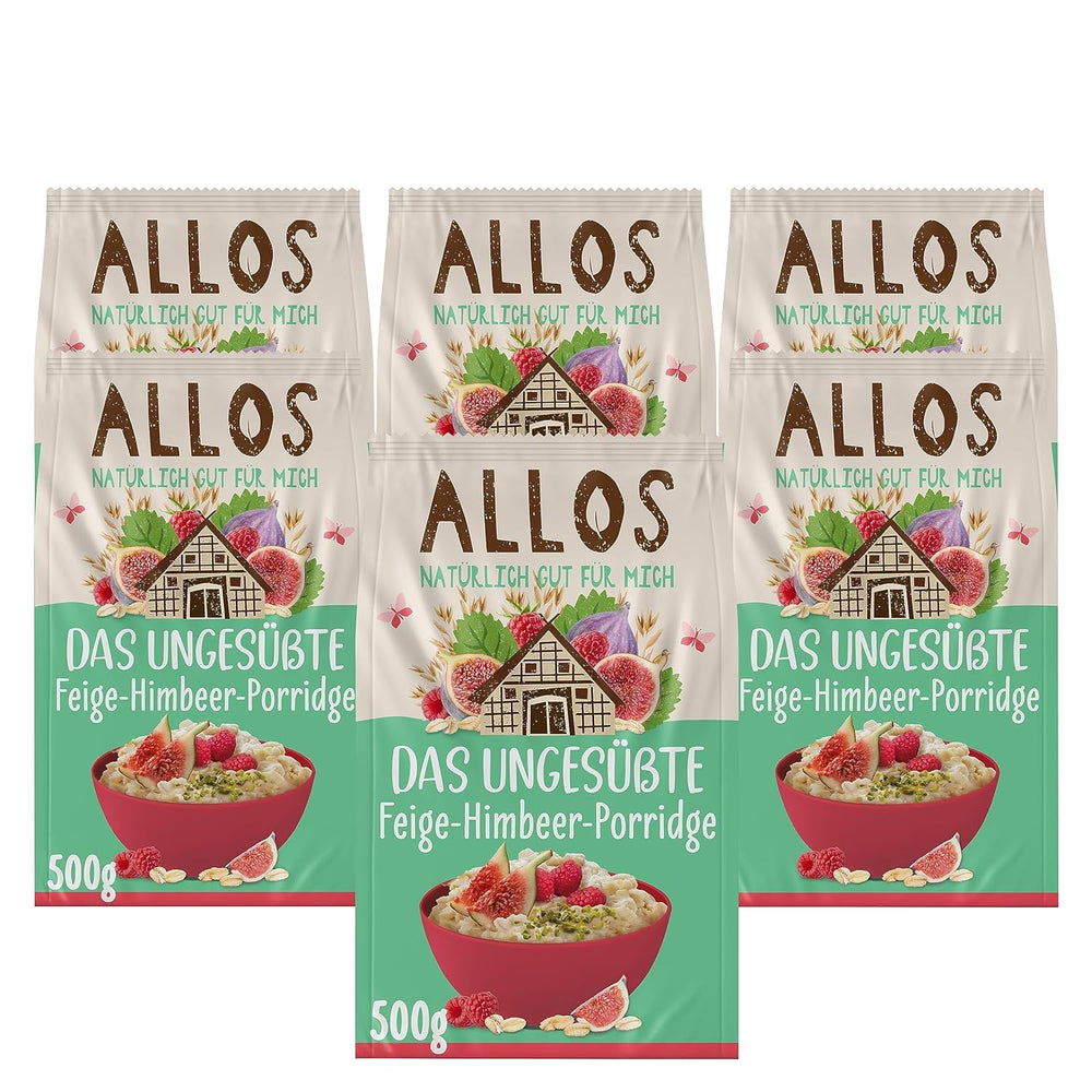 Porridge Allos non sucré aux figues et framboises | Porridge sans sucre | Muesli biologique | Muesli aux fruits | Gruau | Bouillie pour le petit déjeuner | Céréales pour le petit déjeuner | Végétalien | Paquet de 6 (6x500g)